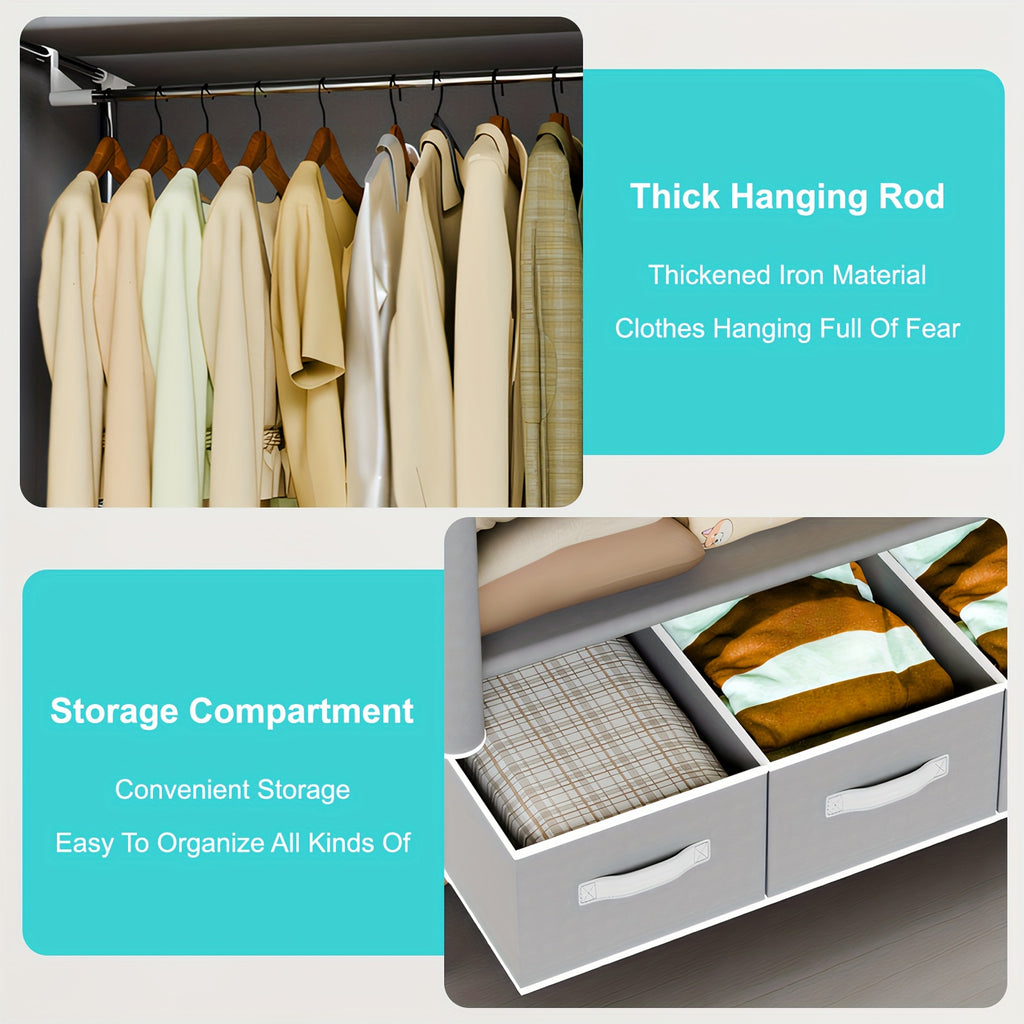 Portable Clothes Closet Rolling Door Wardrobe with Hanging Rack Non-Woven Fabric Storage Organizer with Three Drawer Boxes No-Tool Assembly-35. 4\