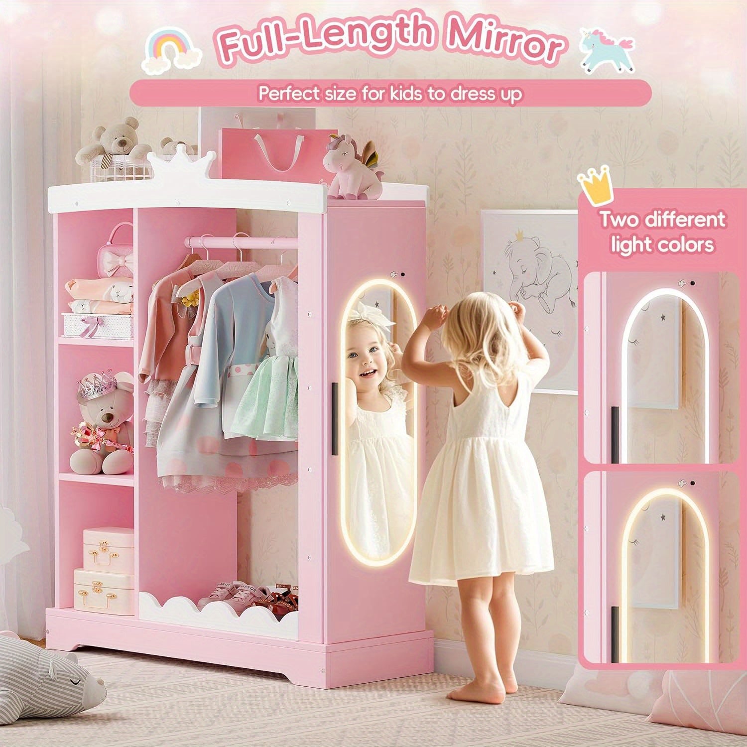 Kids Armoire with Jewelry Cabinet, Dress up Storage with Mirror and Shelves, Princess Dress Closet and Costumes Wardrobe Closet, Costume Organizer for Bedroom, Kids Room, Girls