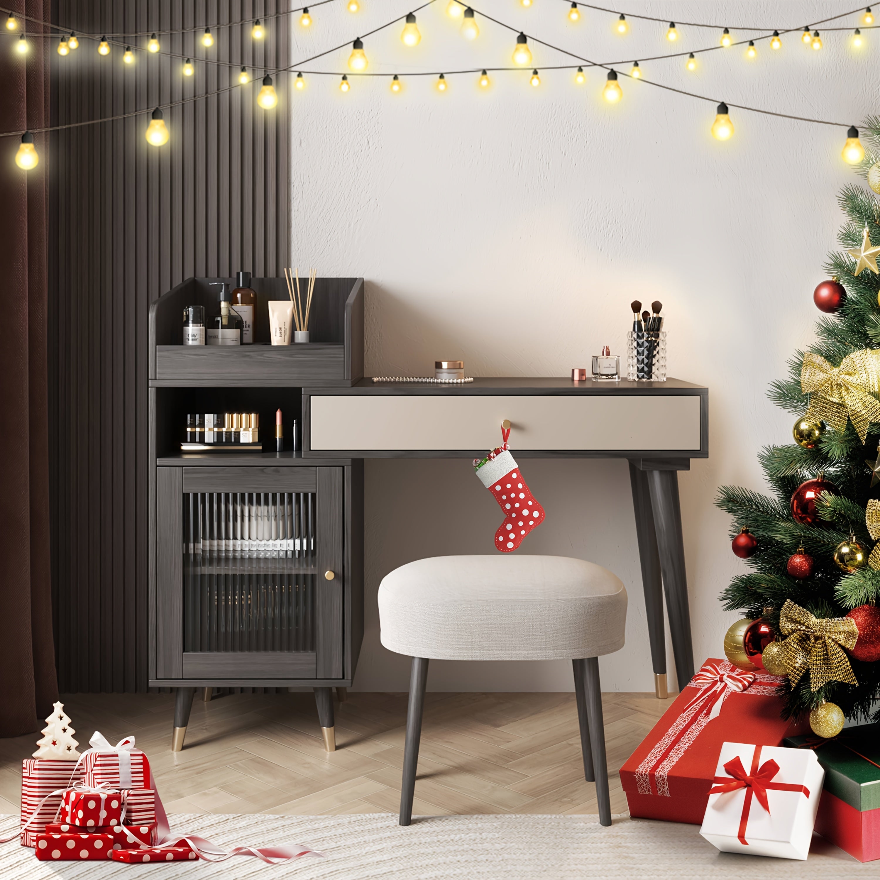 1pc Modern Rustic Style Makeup Vanity Desk with Storage Drawers & Cabinet - Stretchable, Left or Right Installation, Walnut\u002FBlack Wood - Ideal for Bedroom & Makeup Room Decor