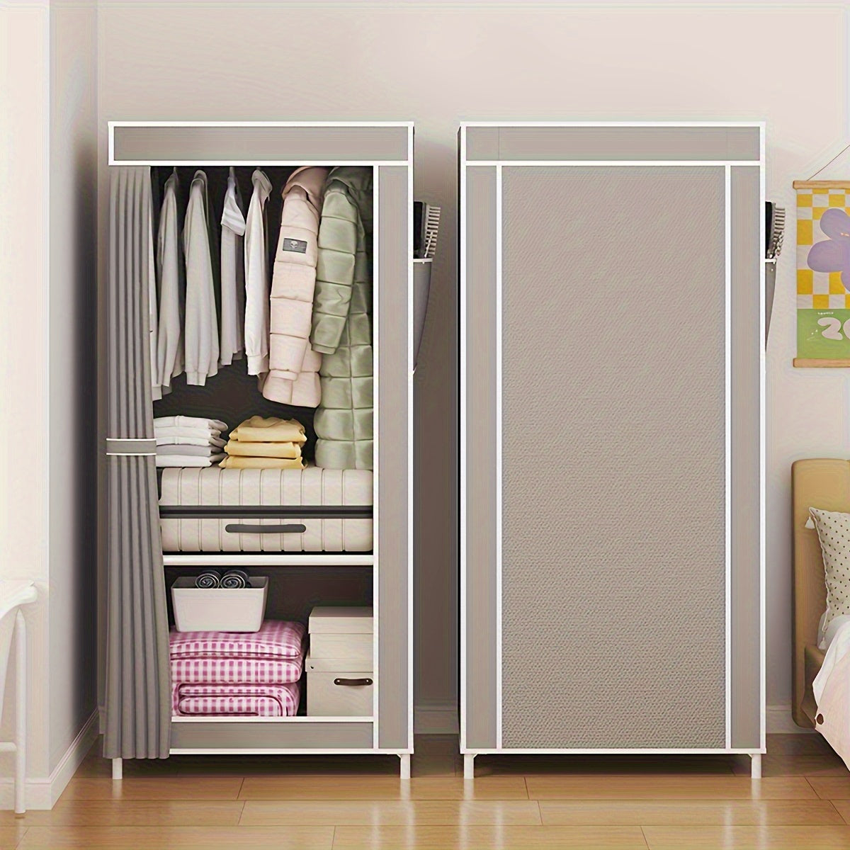 1pc Easy Assembly Freestanding Wardrobe with Hanging Rails - Durable Non-Woven Fabric, Metal Frame, 27\