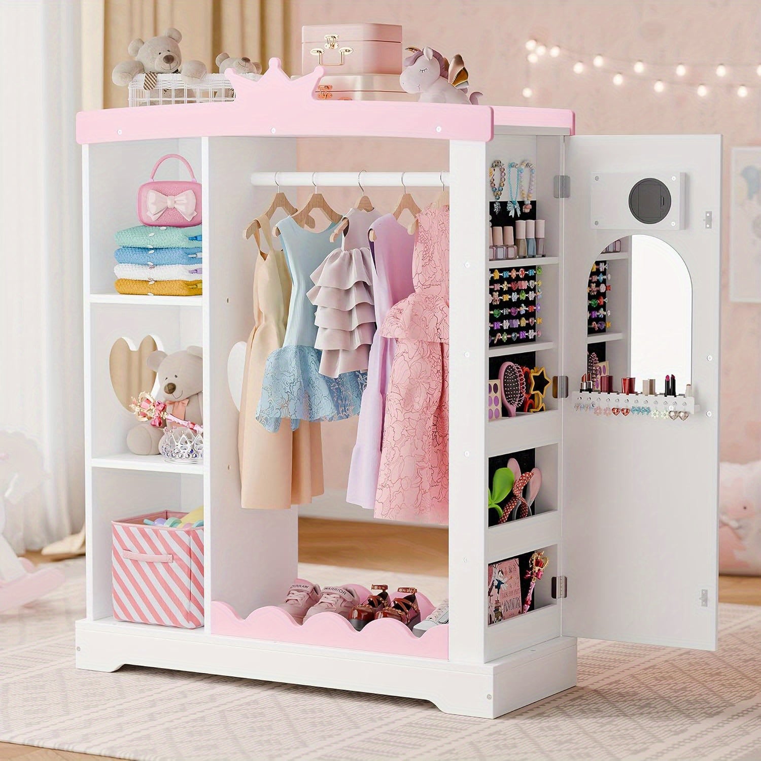Kids Armoire with Jewelry Cabinet, Dress up Storage with Mirror and Shelves, Princess Dress Closet and Costumes Wardrobe Closet, Costume Organizer for Bedroom, Kids Room, Girls