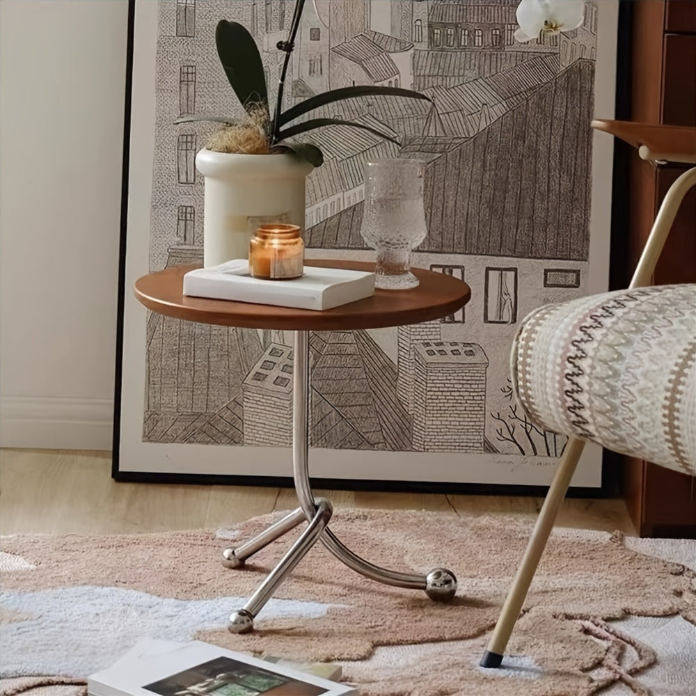 Stainless Steel Small Round Living Room Table, Vintage Style Bedside Desk with Unique Bracket Design for Solid Structure