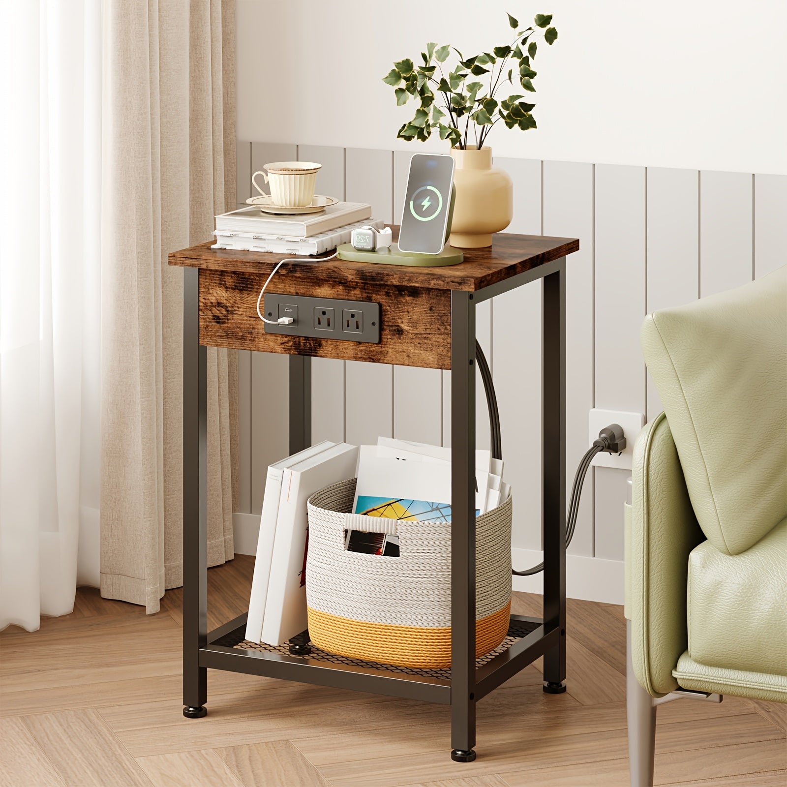 USB Side Table TOMNK 2-Tier 21.6in Side Table with USB Port and Power Outlet