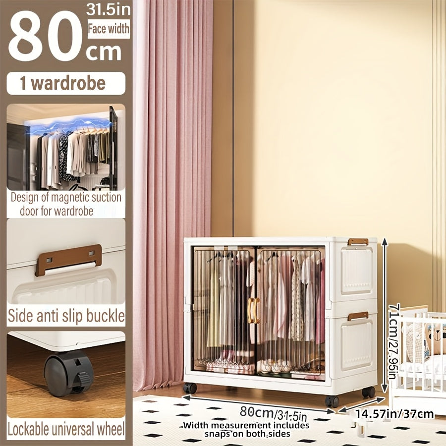 One Foldable Wardrobe with Wheels, Large Capacity Storage Cabinet, Multi-Layer Organizer Shelf, Easy Assembly Portable Closet for Home and Dormitory - Space-Saving Plastic Mobile Wardrobe, Portable Closets