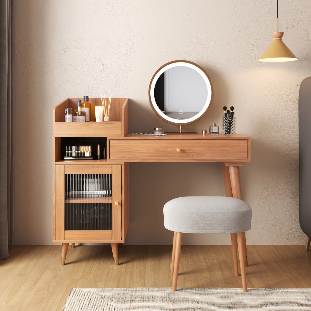 1pc Modern Rustic Style Makeup Vanity Desk with Storage Drawers & Cabinet - Stretchable, Left or Right Installation, Walnut\u002FBlack Wood - Ideal for Bedroom & Makeup Room Decor