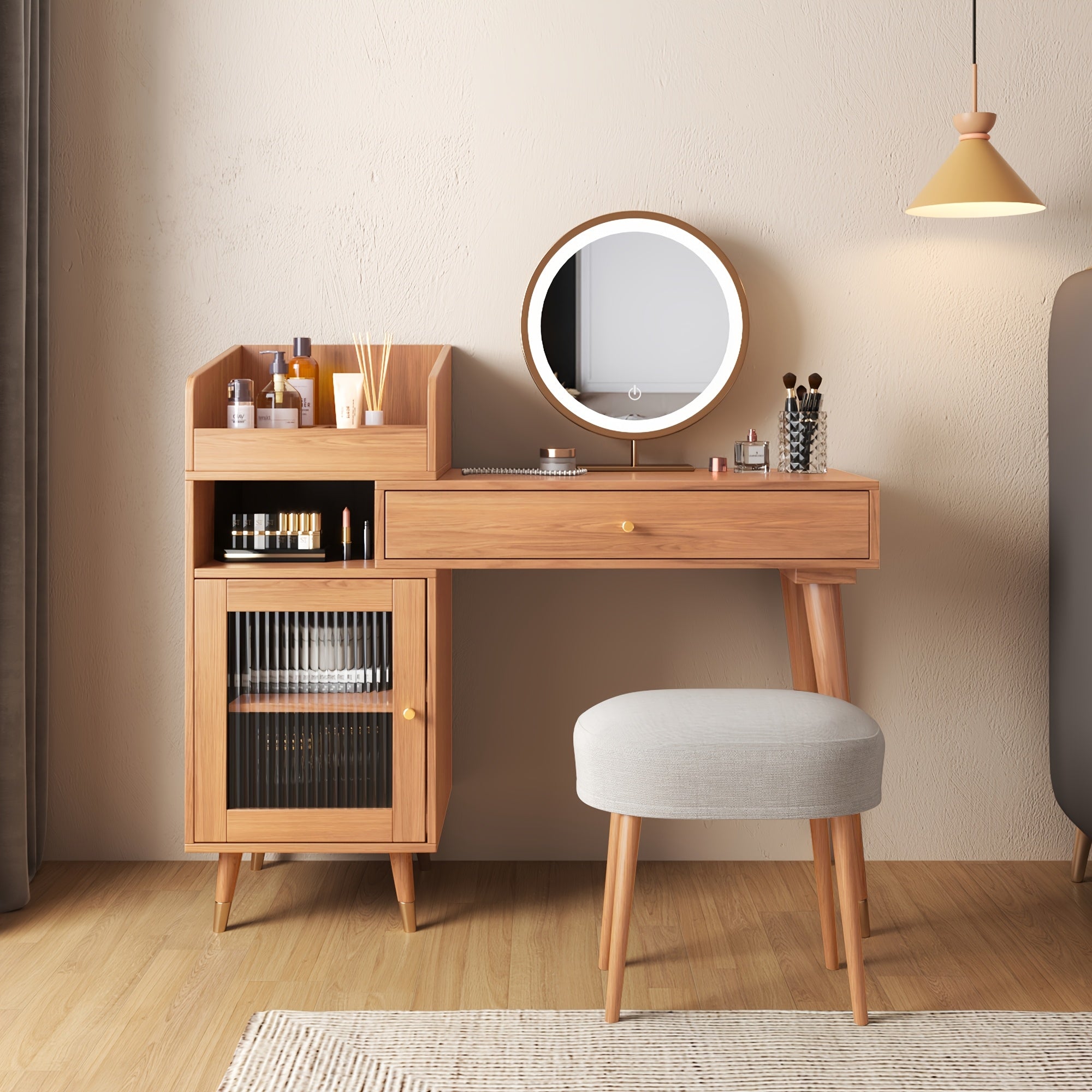 1pc Modern Rustic Style Makeup Vanity Desk with Storage Drawers & Cabinet - Stretchable, Left or Right Installation, Walnut\u002FBlack Wood - Ideal for Bedroom & Makeup Room Decor