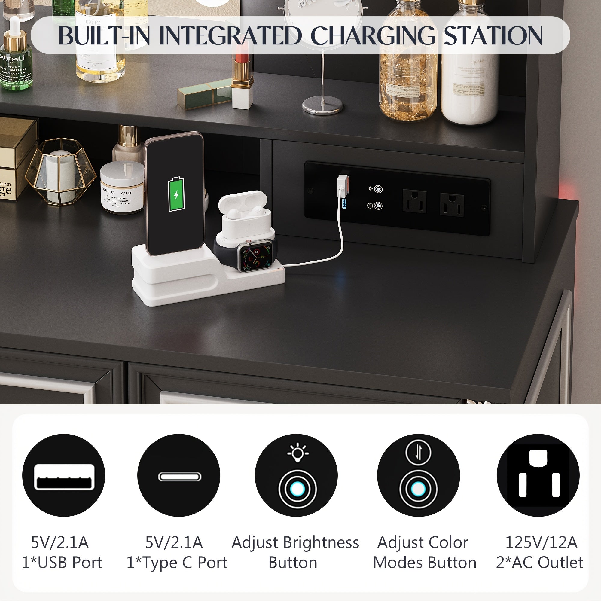 HWB Makeup Vanity Desk With LED Lighting Mirror And Power Socket, Girls Vanity With 3 Color Modes And Adjustable Brightness, Small Vanity With 2 Drawers And Cabinets For Bedroom