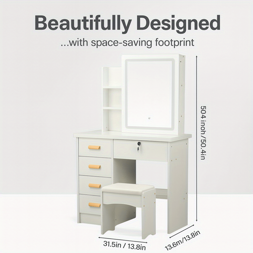 Modern White Makeup Dressing Table with Drawers & Organizer Storage Rack - Contemporary Bedroom Vanity Set, 27\