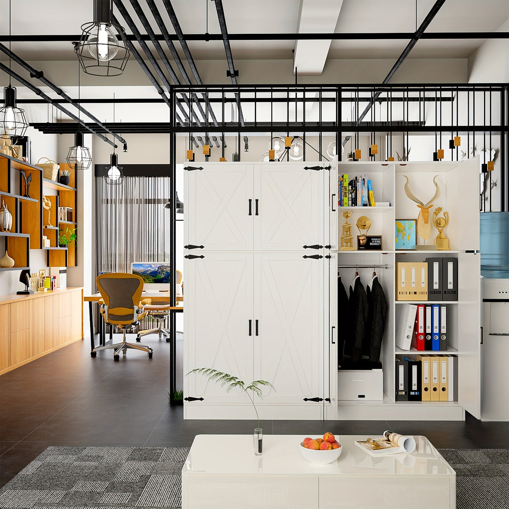 Unikito 71'' Farmhouse Wardrobe Closet with Hanging Rod, 4 Barn Door Clothing Storage Cabinet with Adjustable Shelves, Freestanding Wardrobe Cabinet for Bedroom, Living Room, Cloak Room, Office