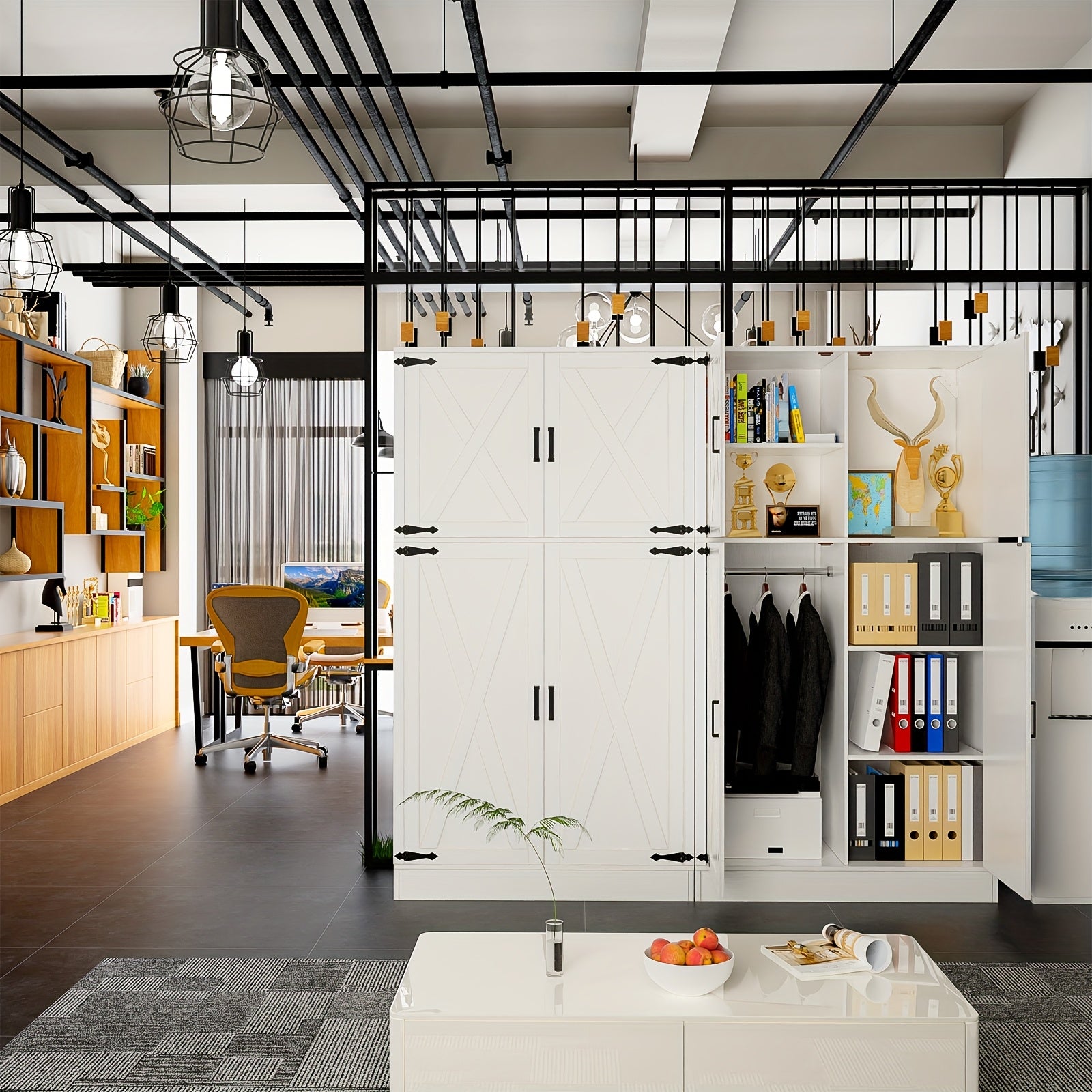 Unikito 71'' Farmhouse Wardrobe Closet with Hanging Rod, 4 Barn Door Clothing Storage Cabinet with Adjustable Shelves, Freestanding Wardrobe Cabinet for Bedroom, Living Room, Cloak Room, Office