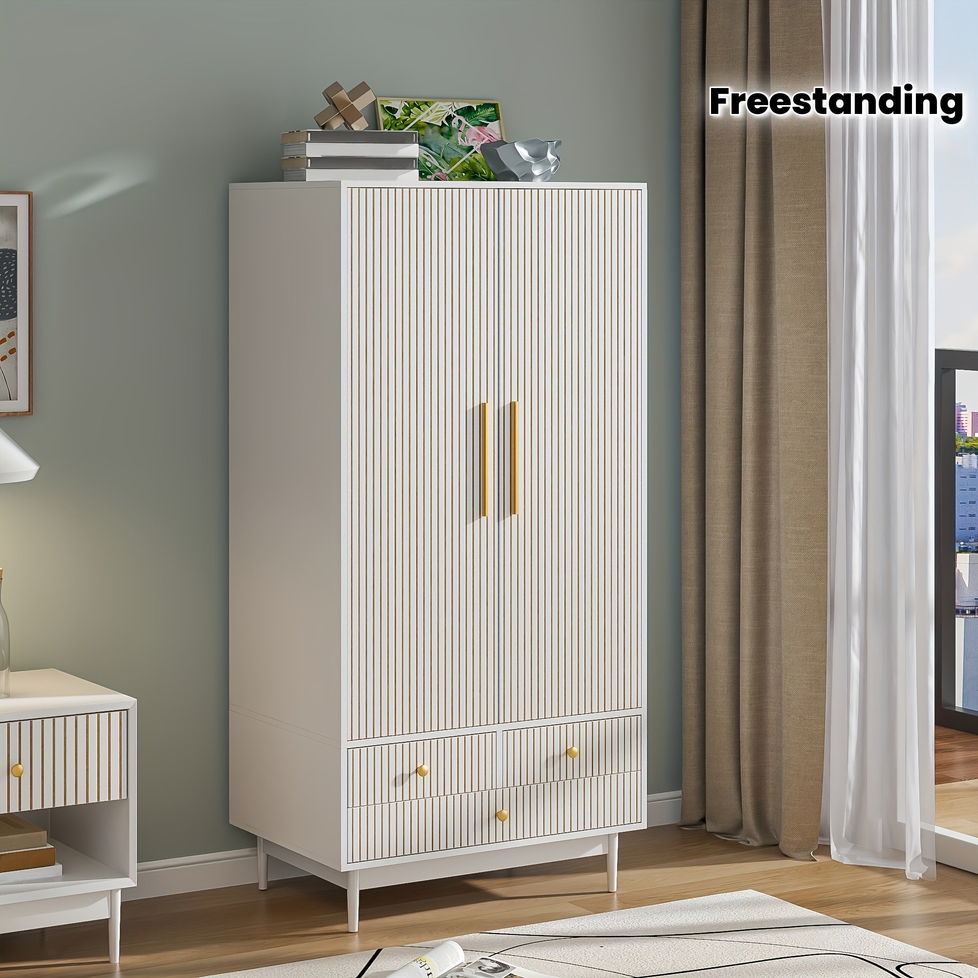 JEJEGORICH Armoire Wardrobe Closet, Freestanding Closet Organizer with Drawers with 2 Fluted Doors, Wardrobe Cabinet with Shelves And Hanging Rod