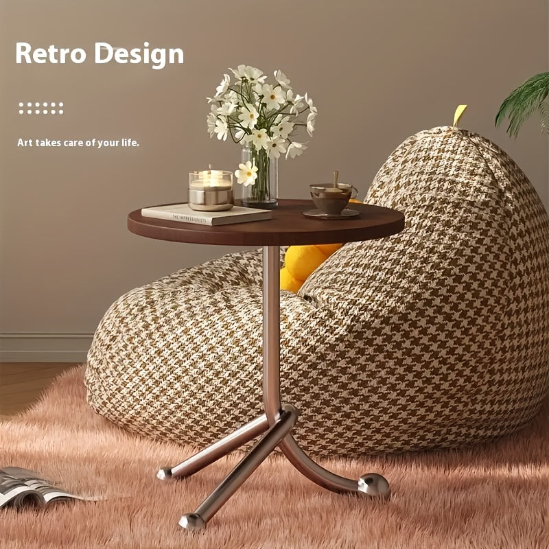 Stainless Steel Small Round Living Room Table, Vintage Style Bedside Desk with Unique Bracket Design for Solid Structure