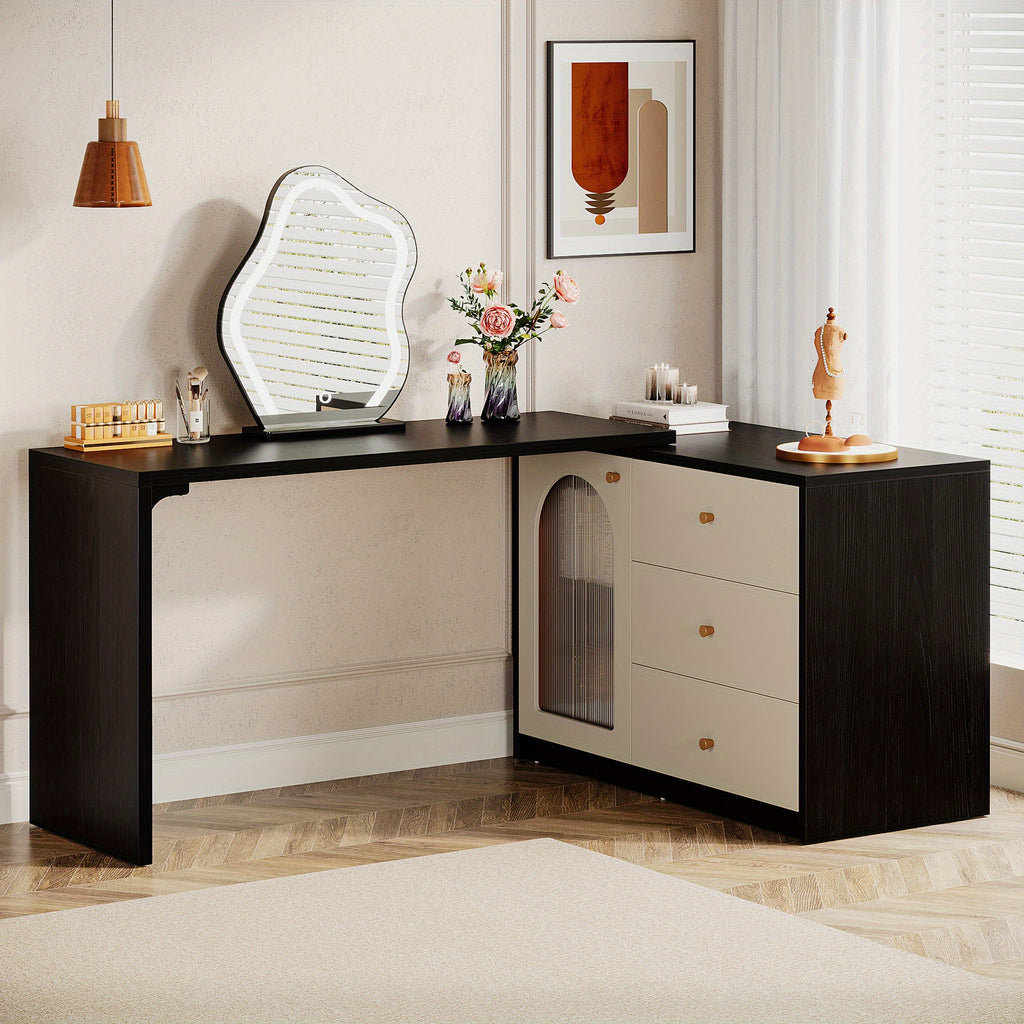 BYBLIGHT Modern Makeup Vanity with Retractable Large Desk, 3 Drawers & Cabinet, 27\