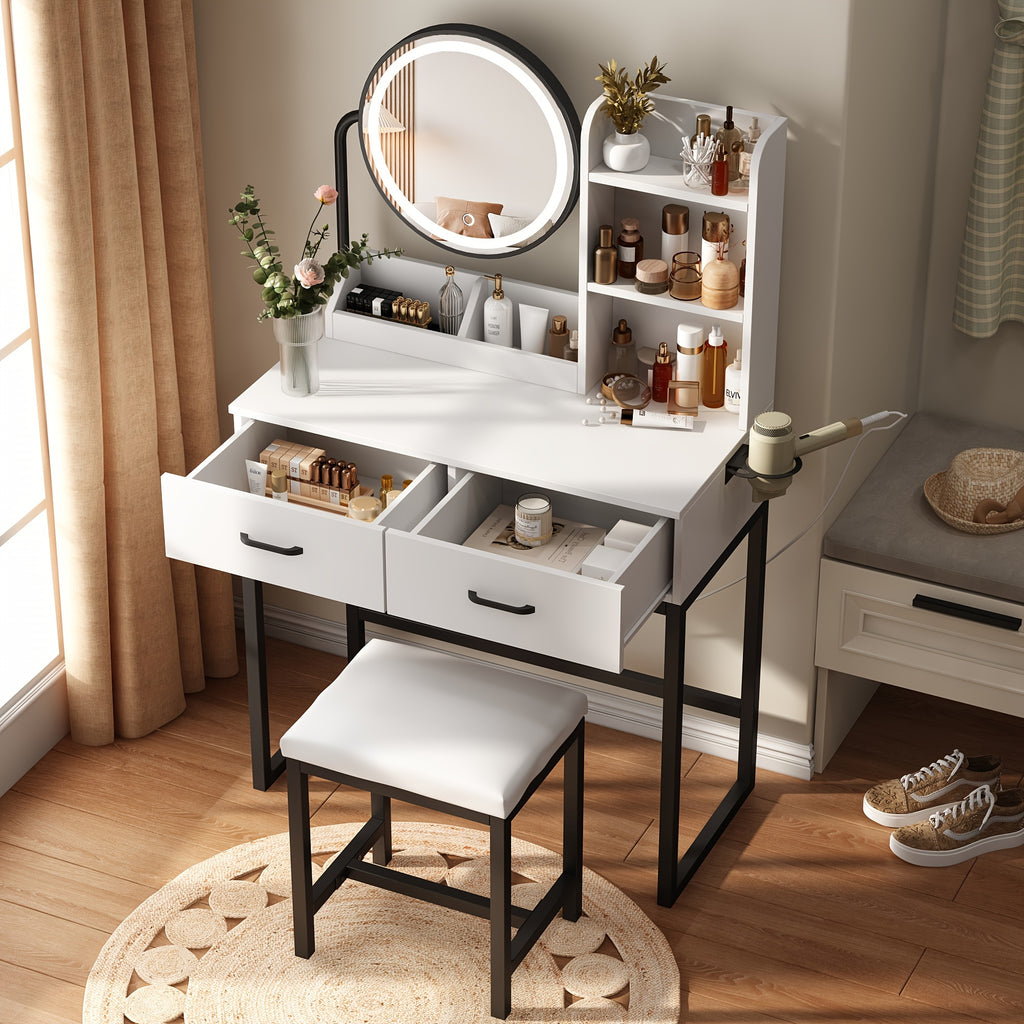 Vanity Desk with Mirror And Lights, Makeup Vanity Table Set with Storage Stool & Charging Station, Glass Tabletop And RGB Cabinets, Dressing Table with Jewellery Organizer Drawers for Bedroom
