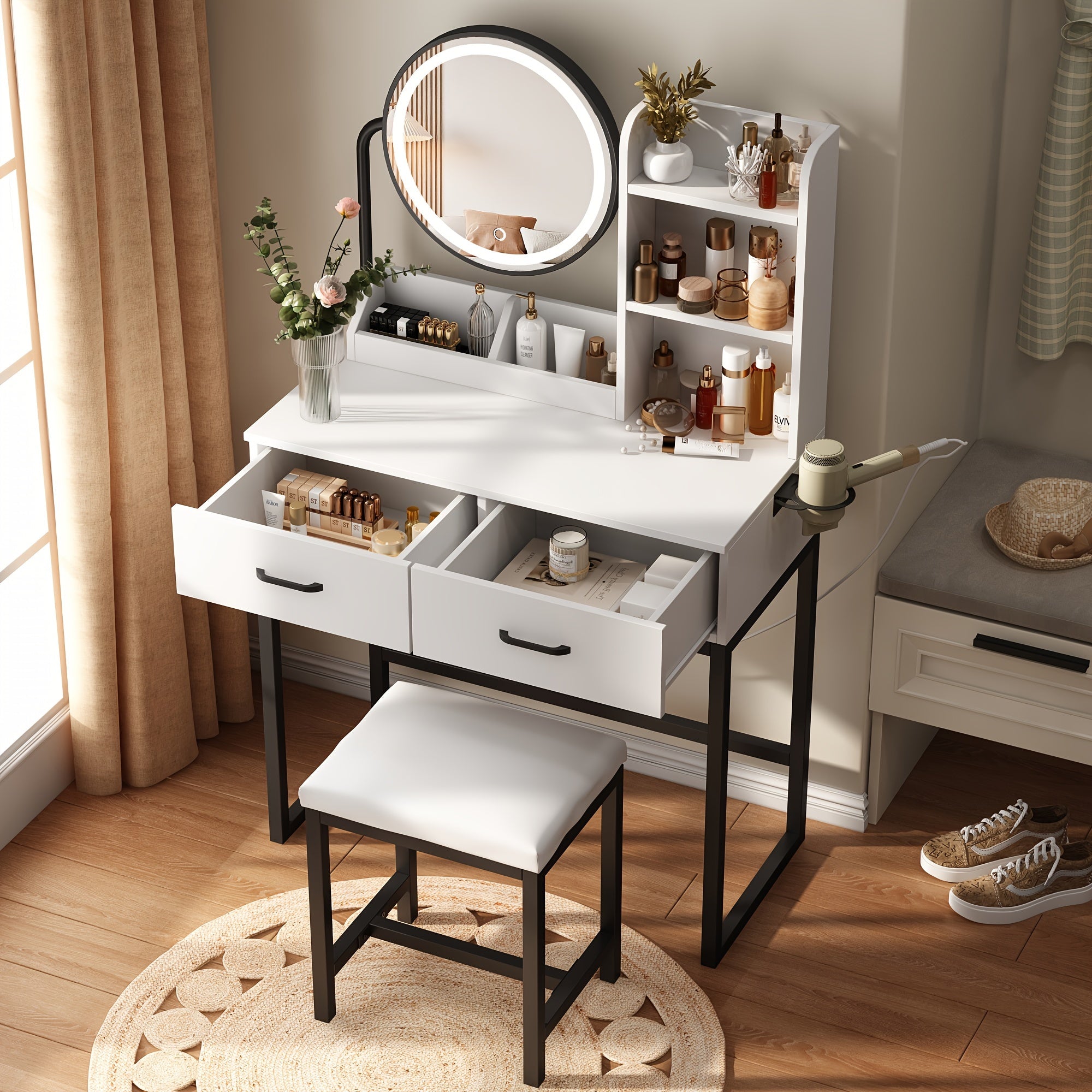 Vanity Desk with Mirror And Lights, Makeup Vanity Table Set with Storage Stool & Charging Station, Glass Tabletop And RGB Cabinets, Dressing Table with Jewellery Organizer Drawers for Bedroom