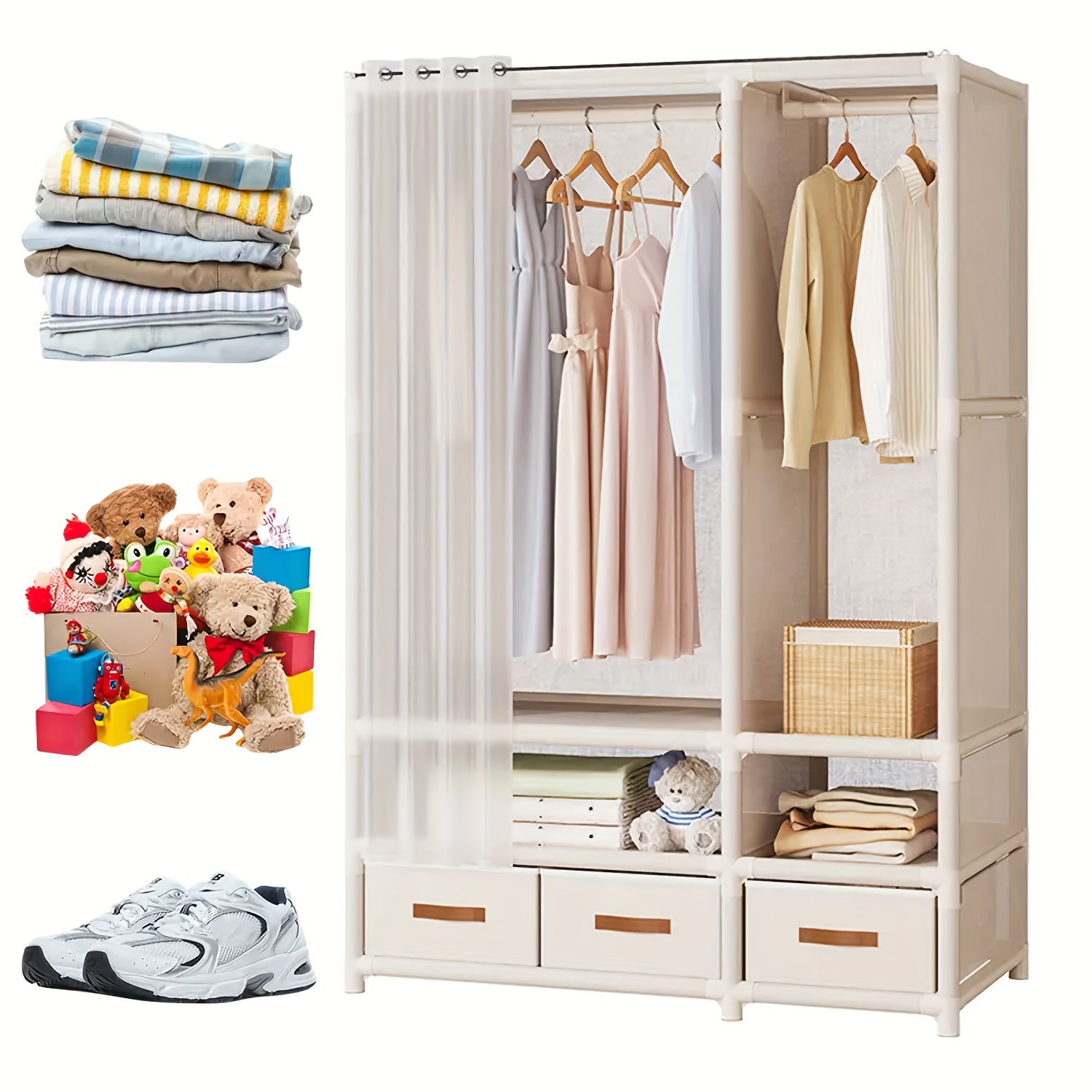 1pc 65.2in*43.3in*17.7in Portable Wardrobe, Minimalist Wardrobe, Wardrobe with Drawers, Foldable Portable Wardrobe with Hanging Rod, 19mm Thickened Steel Pipe, Stable, Multi-Row Simple Wardrobe, Portabke Closet White