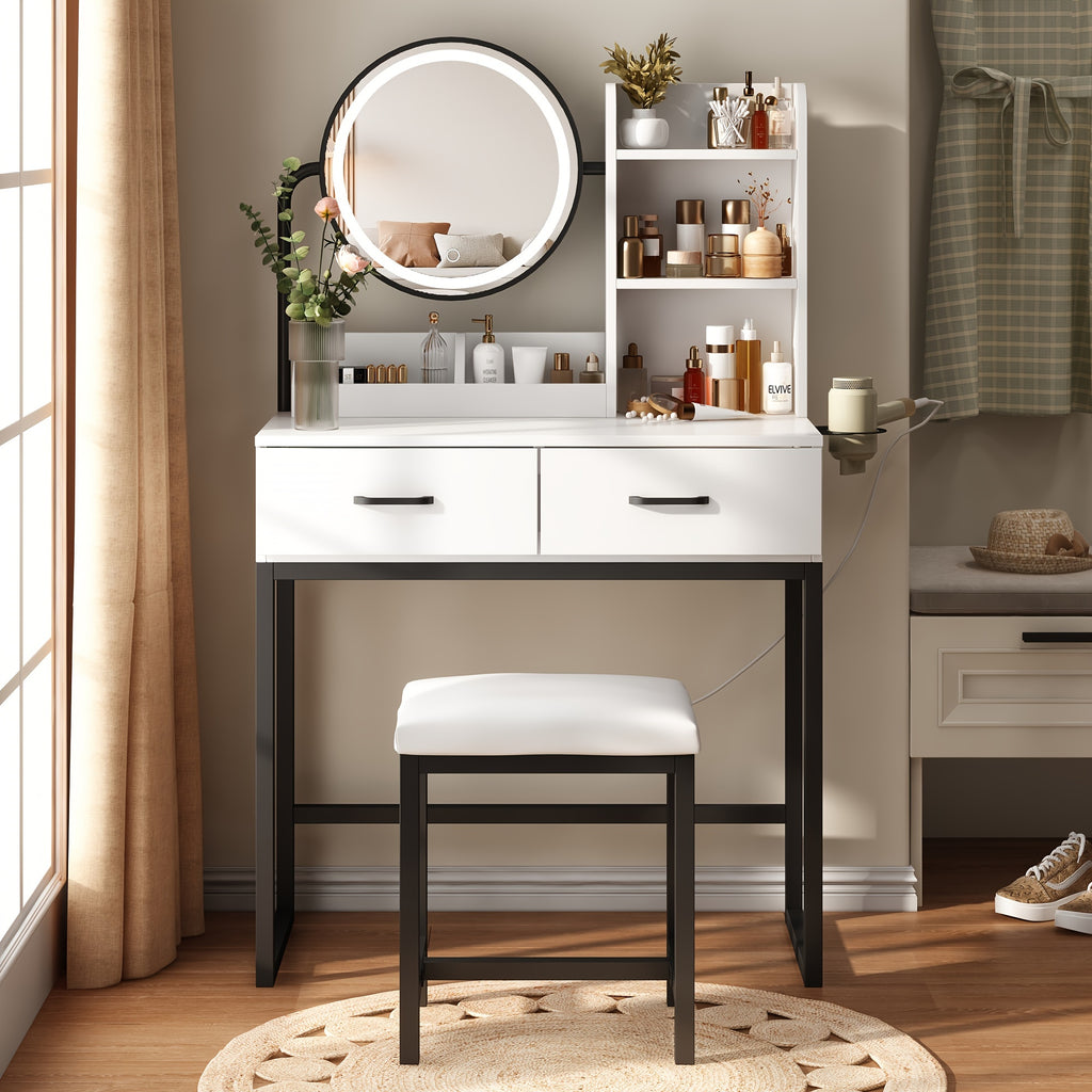 Vanity Desk with Mirror And Lights, Makeup Vanity Table Set with Storage Stool & Charging Station, Glass Tabletop And RGB Cabinets, Dressing Table with Jewellery Organizer Drawers for Bedroom