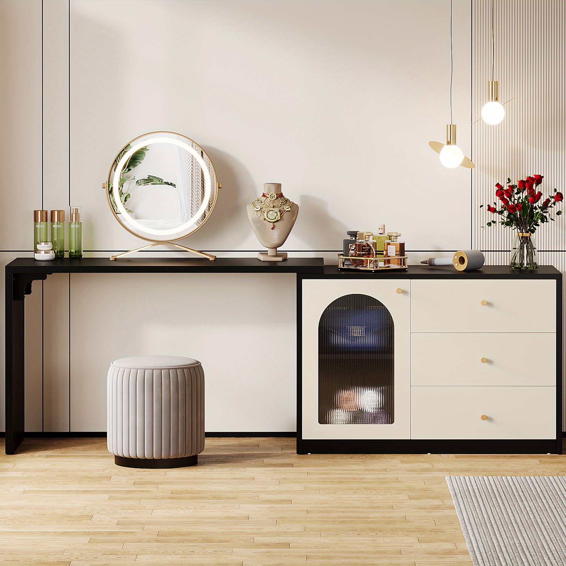 BYBLIGHT Modern Makeup Vanity with Retractable Large Desk, 3 Drawers & Cabinet, 27\