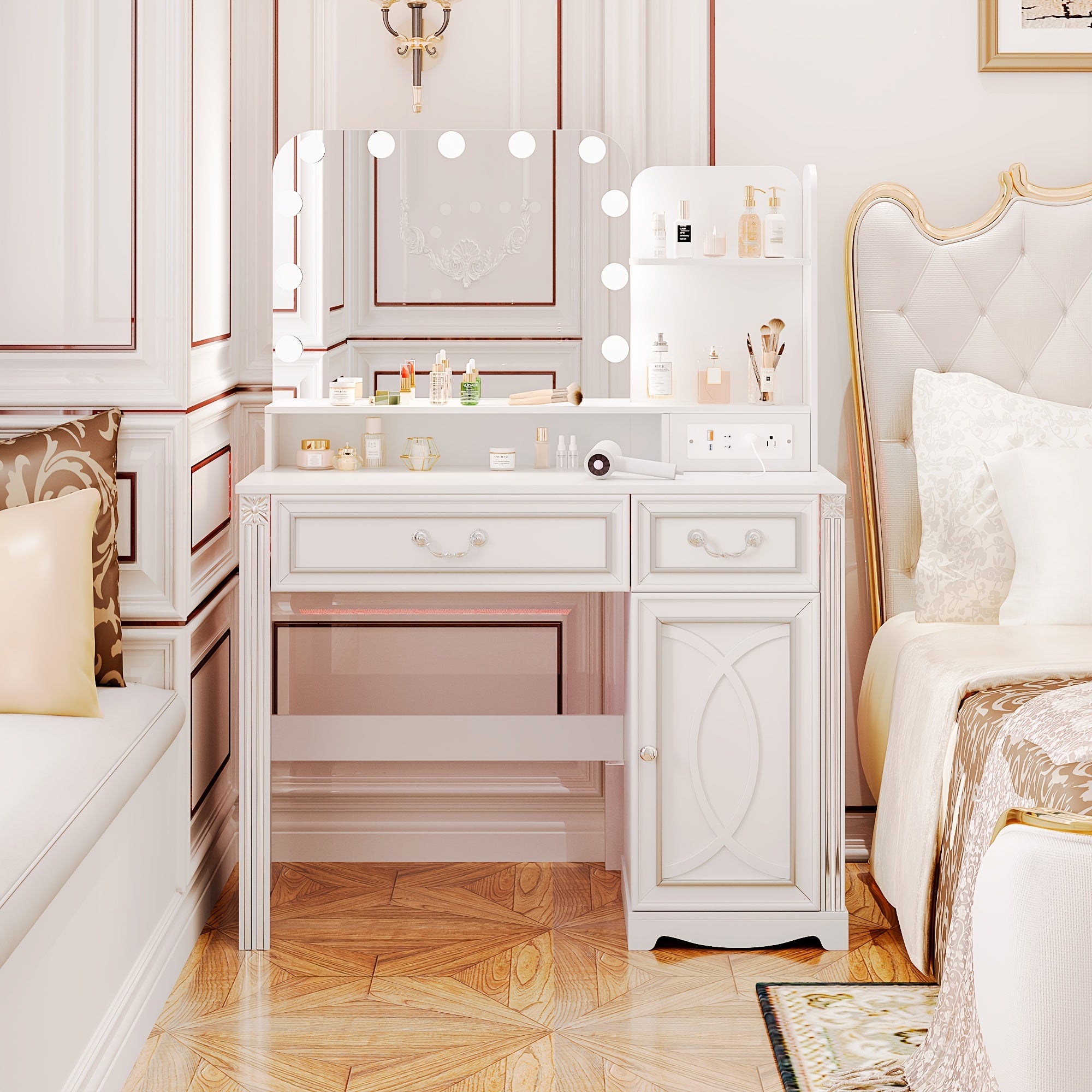 HWB Makeup Vanity Desk With LED Lighting Mirror And Power Socket, Girls Vanity With 3 Color Modes And Adjustable Brightness, Small Vanity With 2 Drawers And Cabinets For Bedroom