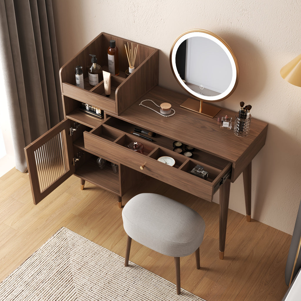 1pc Modern Rustic Style Makeup Vanity Desk with Storage Drawers & Cabinet - Stretchable, Left or Right Installation, Walnut\u002FBlack Wood - Ideal for Bedroom & Makeup Room Decor