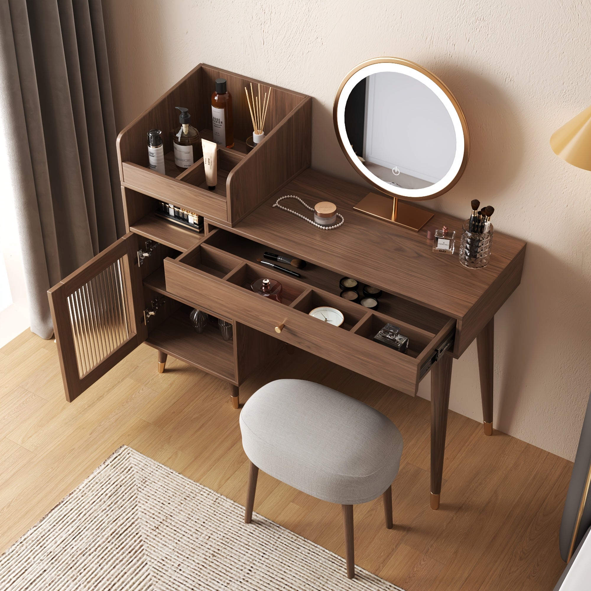 1pc Modern Rustic Style Makeup Vanity Desk with Storage Drawers & Cabinet - Stretchable, Left or Right Installation, Walnut\u002FBlack Wood - Ideal for Bedroom & Makeup Room Decor