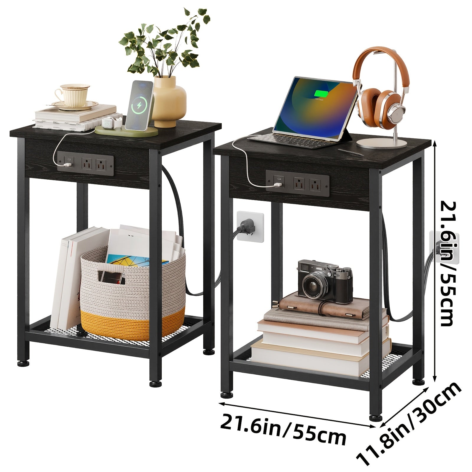 USB Side Table TOMNK 2-Tier 21.6in Side Table with USB Port and Power Outlet
