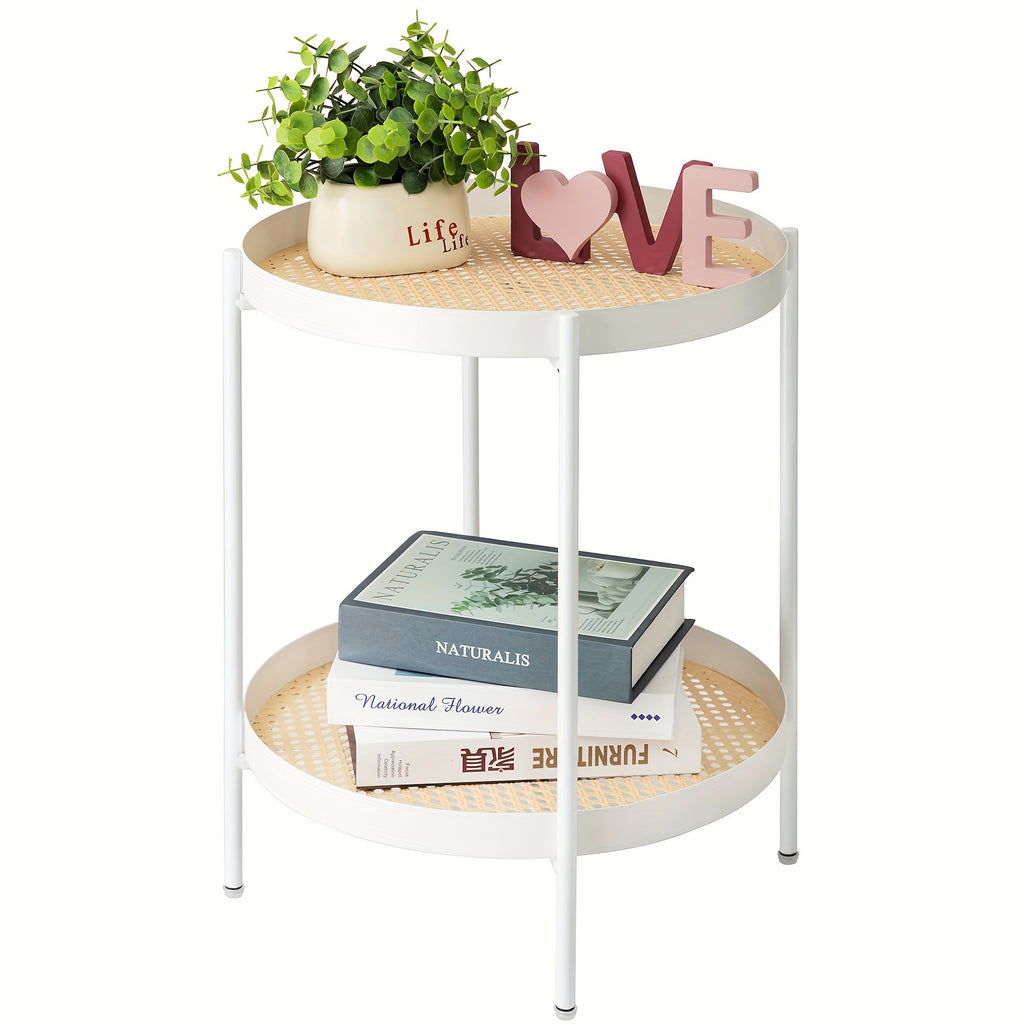 All Metal Side Table, 2 Tier Green End Table with Imitation Rattan Pattern on Removable Trays