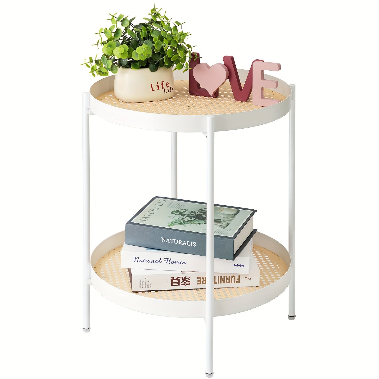 All Metal Side Table, 2 Tier Green End Table with Imitation Rattan Pattern on Removable Trays