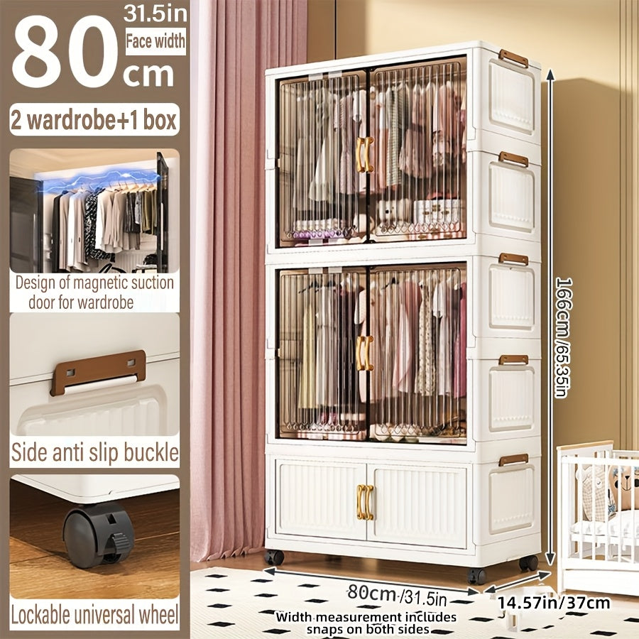 One Foldable Wardrobe with Wheels, Large Capacity Storage Cabinet, Multi-Layer Organizer Shelf, Easy Assembly Portable Closet for Home and Dormitory - Space-Saving Plastic Mobile Wardrobe, Portable Closets