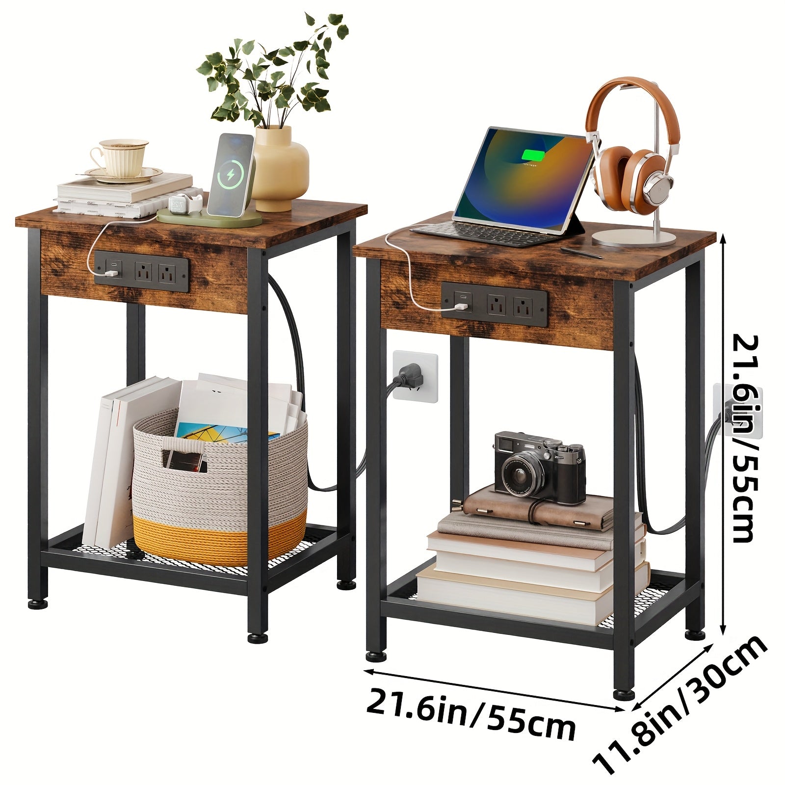 USB Side Table TOMNK 2-Tier 21.6in Side Table with USB Port and Power Outlet