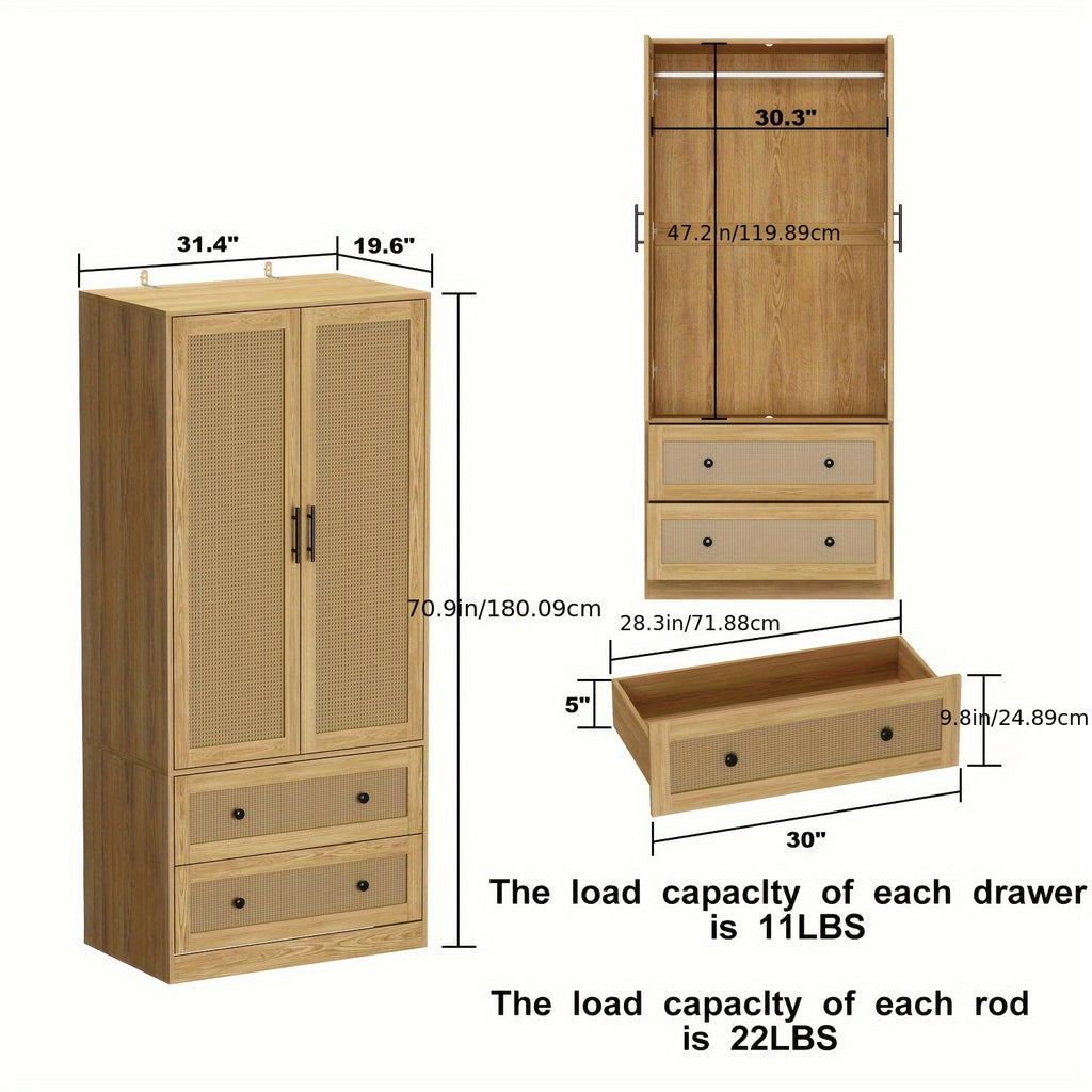 70.9'' Tall Wardrobe Armoire Closet With Rattan Doors, 2 Drawers And Storage Shelves, Wooden Clothes Storage Cabinet With Hanging Rod, For Bedroom, Large Storage Capacity, Stylish Design, Light Brown