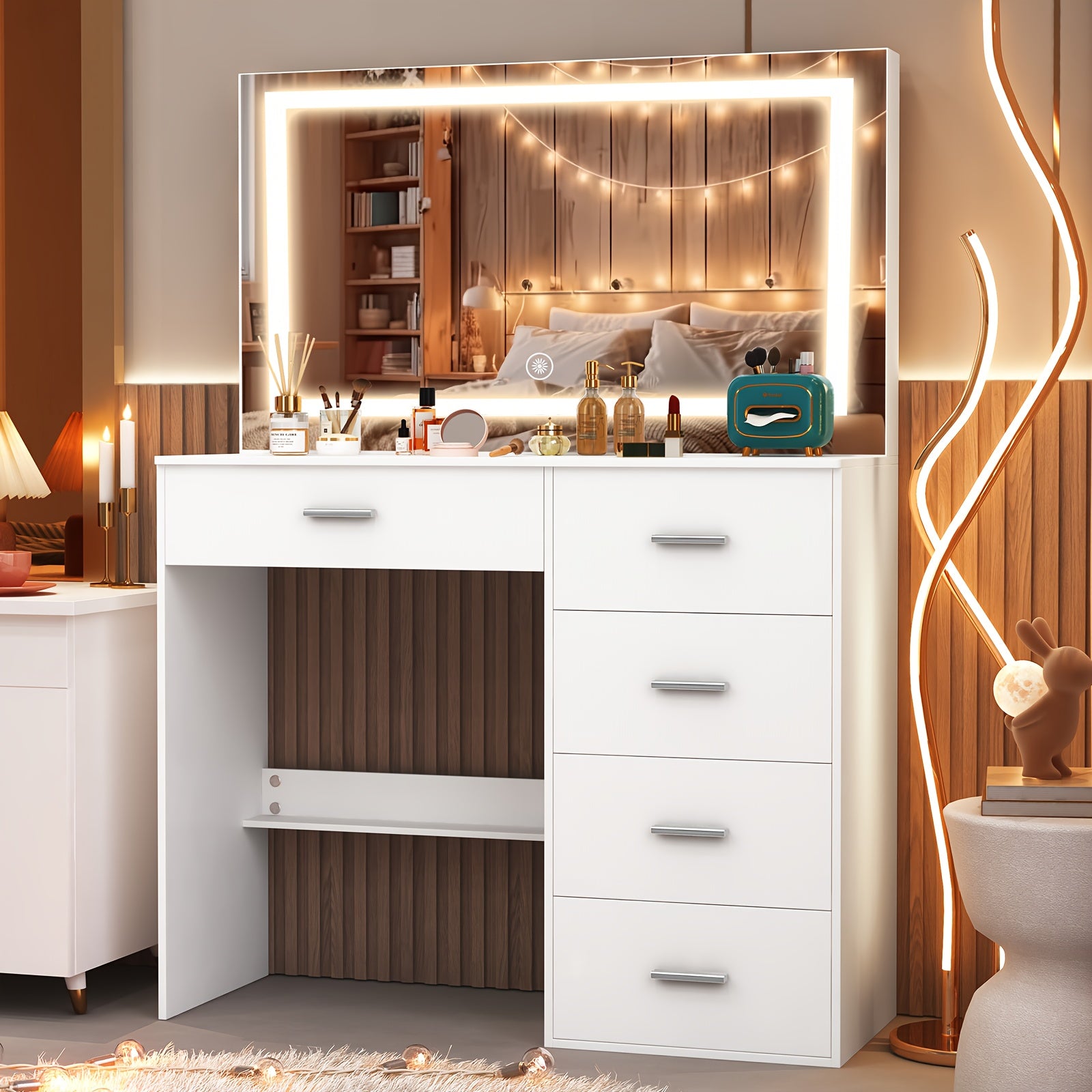 31.5inch White Vanity Table Makeup Dressing Desk with Large HD Lighted Mirror, 5 Drawers, Adjust Modes & Dimmable, Dressing Table with LED Mirror for Girls Bedroom Furniture