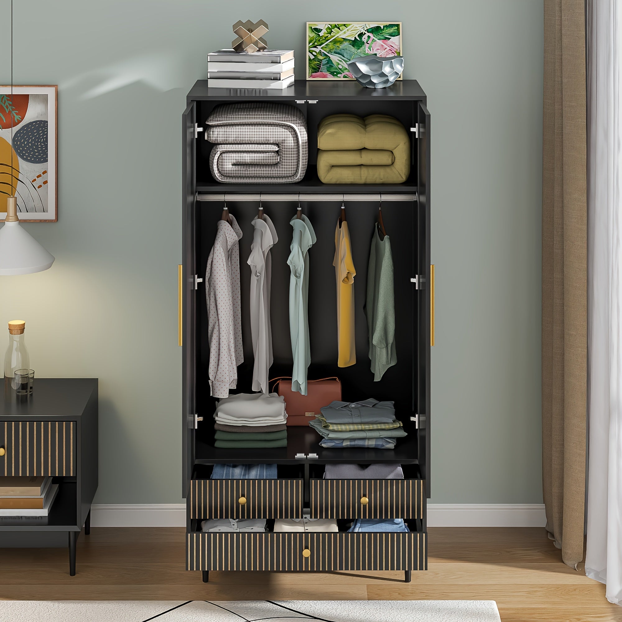 JEJEGORICH Armoire Wardrobe Closet, Freestanding Closet Organizer with Drawers with 2 Fluted Doors, Wardrobe Cabinet with Shelves And Hanging Rod