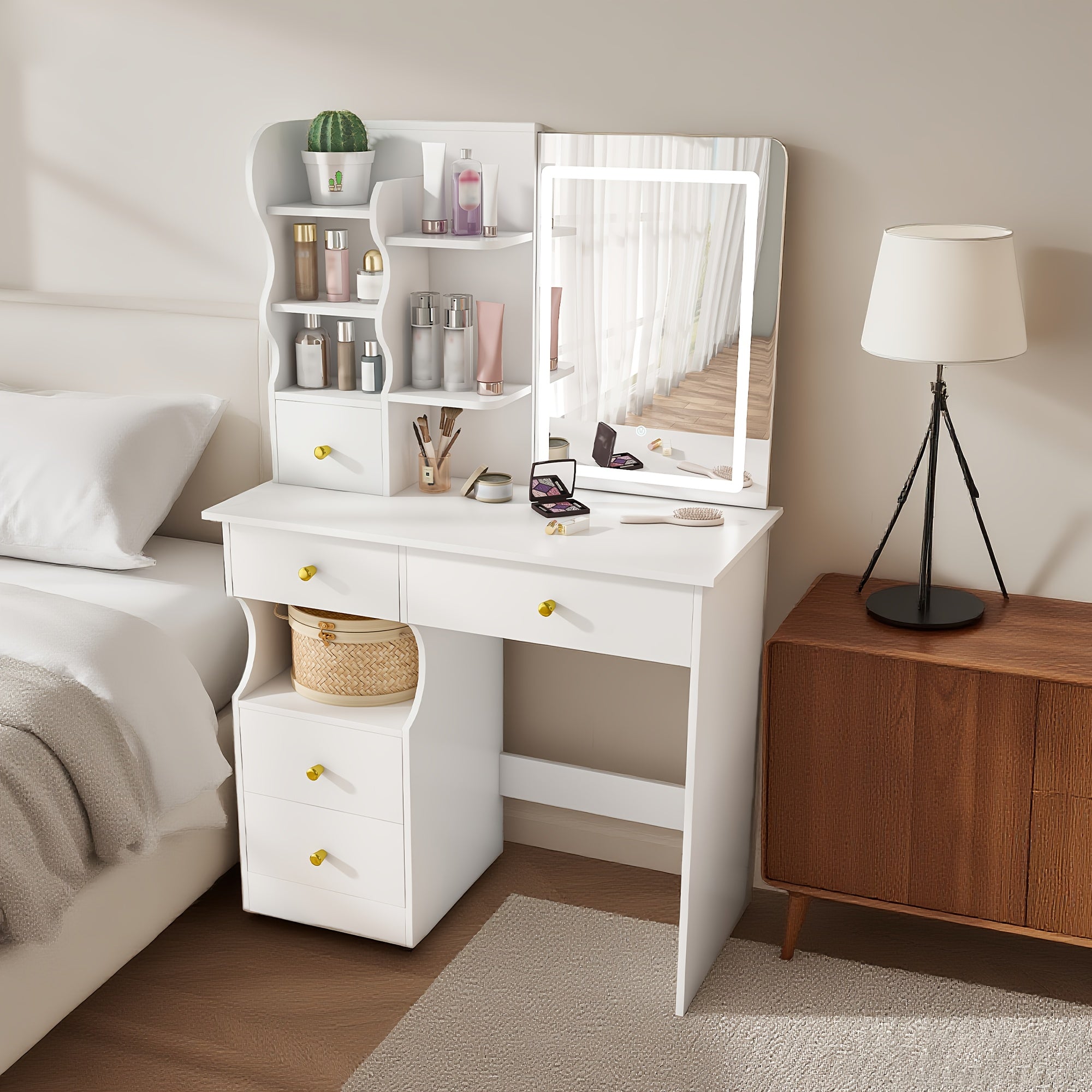 White Dressing Table, Mirror And LED Light, 5-drawer Dressing Table, Movable And Hidden Mirror, 3-color Mode Touch Screen, Storage Organizer For Women'S And Girls' Bedrooms
