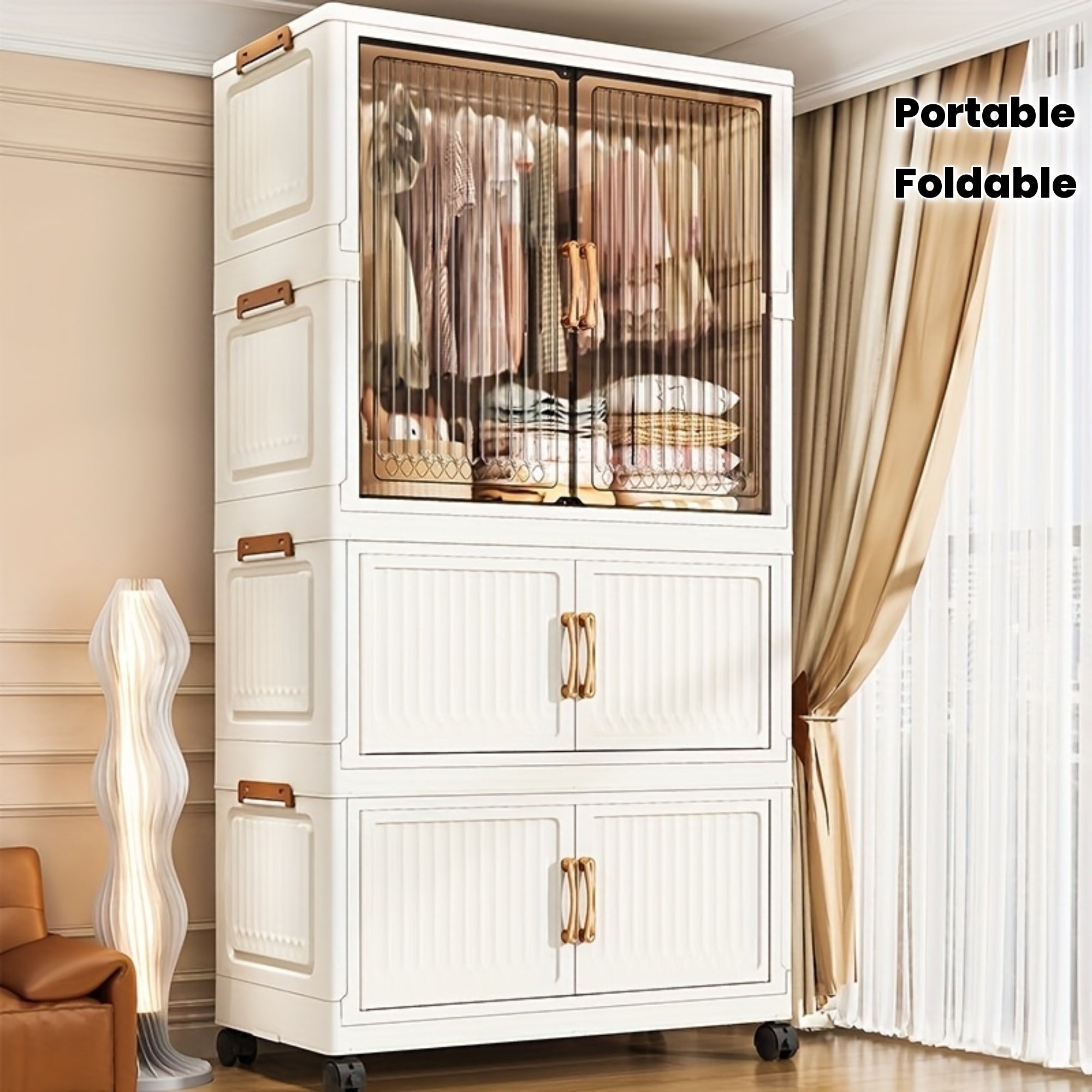 One Foldable Wardrobe with Wheels, Large Capacity Storage Cabinet, Multi-Layer Organizer Shelf, Easy Assembly Portable Closet for Home and Dormitory - Space-Saving Plastic Mobile Wardrobe, Portable Closets