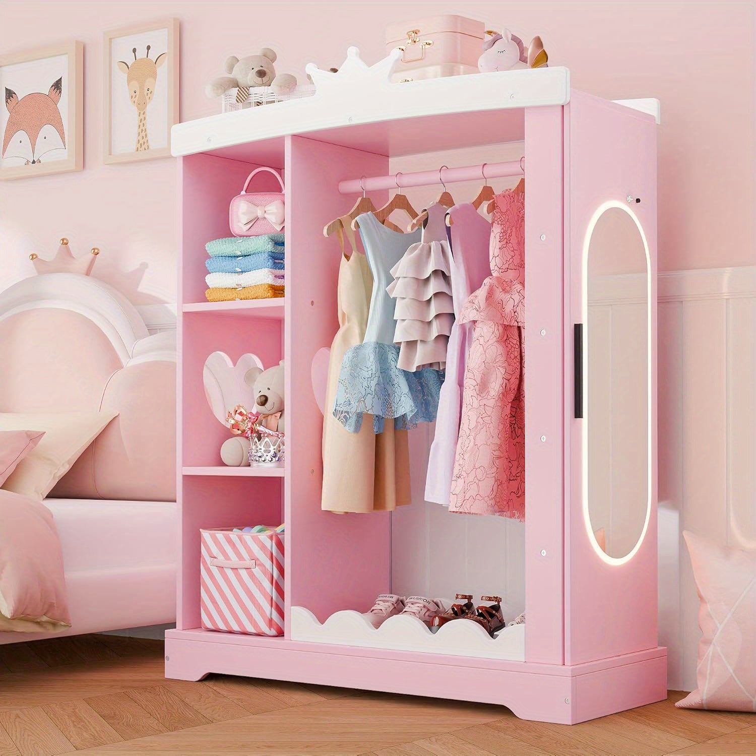 Kids Armoire with Jewelry Cabinet, Dress up Storage with Mirror and Shelves, Princess Dress Closet and Costumes Wardrobe Closet, Costume Organizer for Bedroom, Kids Room, Girls