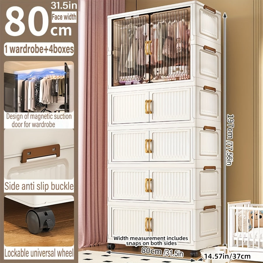 One Foldable Wardrobe with Wheels, Large Capacity Storage Cabinet, Multi-Layer Organizer Shelf, Easy Assembly Portable Closet for Home and Dormitory - Space-Saving Plastic Mobile Wardrobe, Portable Closets