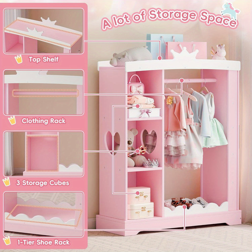 Kids Armoire with Jewelry Cabinet, Dress up Storage with Mirror and Shelves, Princess Dress Closet and Costumes Wardrobe Closet, Costume Organizer for Bedroom, Kids Room, Girls