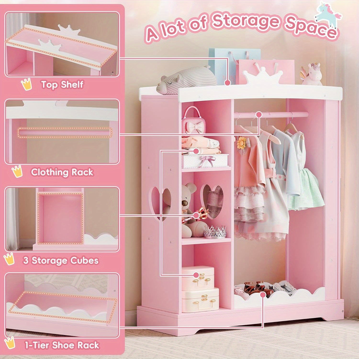 Kids Armoire with Jewelry Cabinet, Dress up Storage with Mirror and Shelves, Princess Dress Closet and Costumes Wardrobe Closet, Costume Organizer for Bedroom, Kids Room, Girls