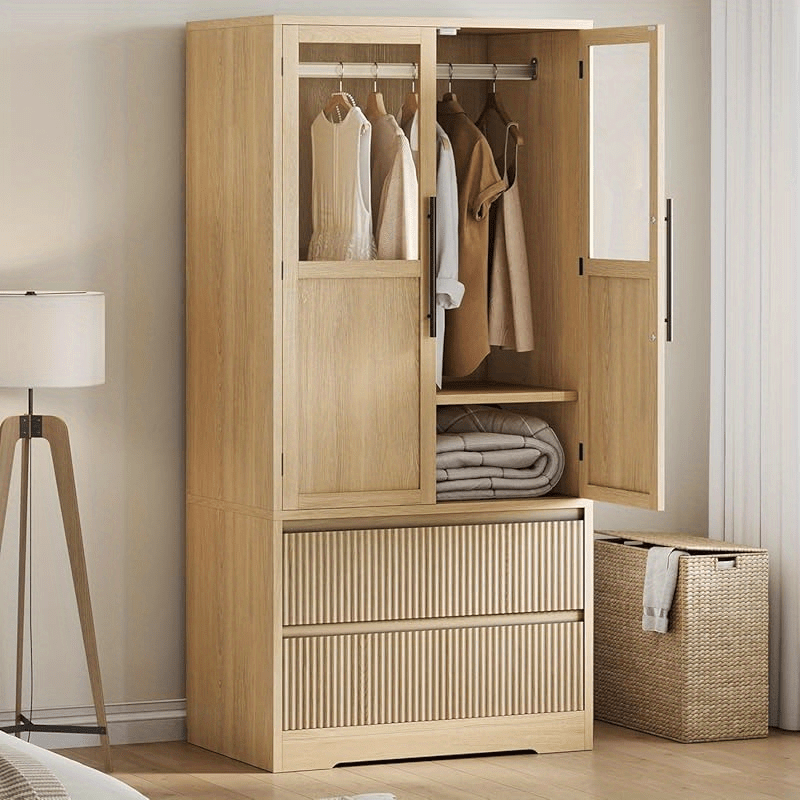 Bedroom Armoire Wardrobe Closet, Wardrobe Armoire Cabinet with Doors and 2 Drawers, Freestanding Armoire with ShelvesHanging Rod for Bedroom, Living Room, Clothes, Natural
