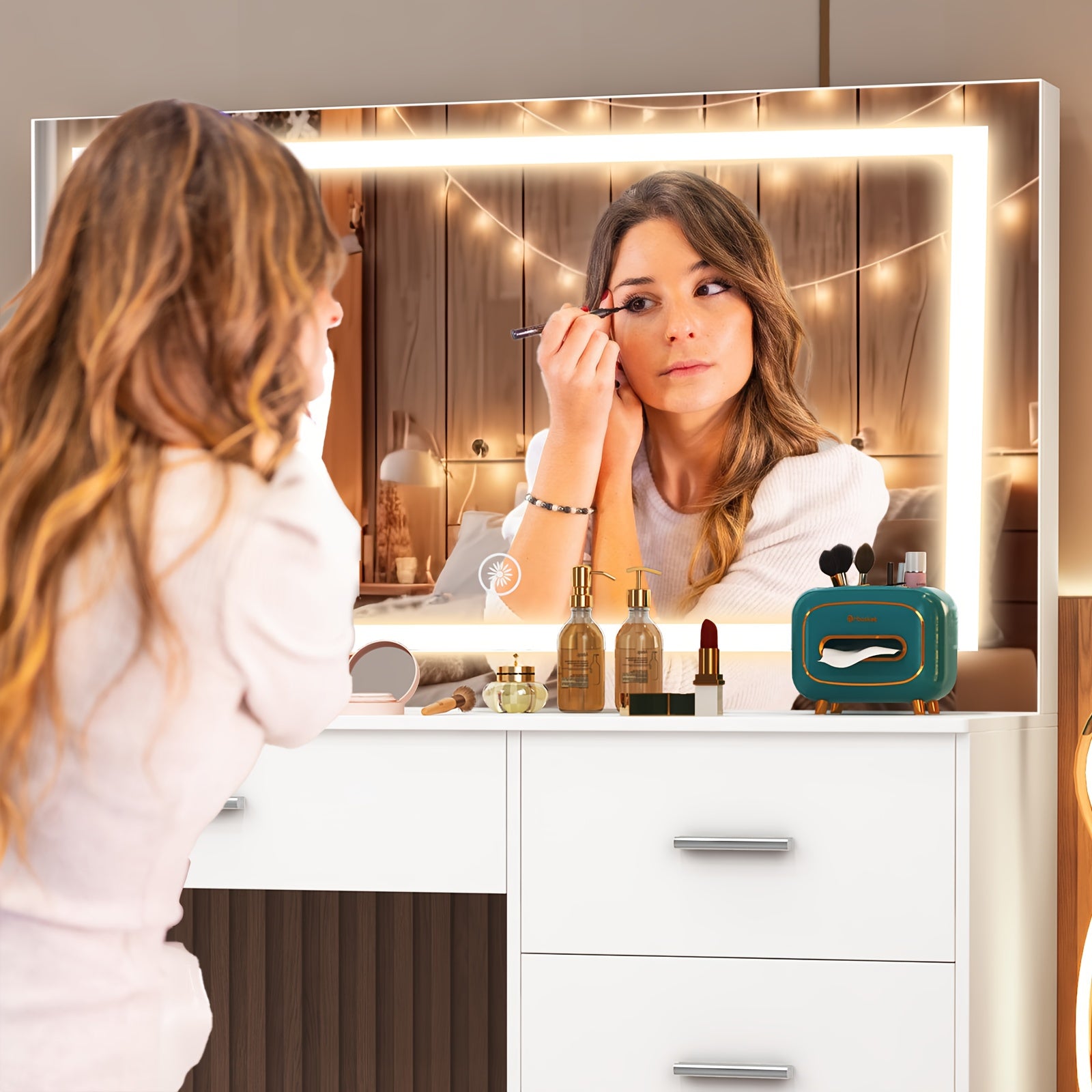 31.5inch White Vanity Table Makeup Dressing Desk with Large HD Lighted Mirror, 5 Drawers, Adjust Modes & Dimmable, Dressing Table with LED Mirror for Girls Bedroom Furniture