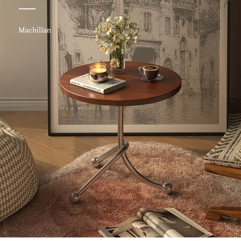 Stainless Steel Small Round Living Room Table, Vintage Style Bedside Desk with Unique Bracket Design for Solid Structure