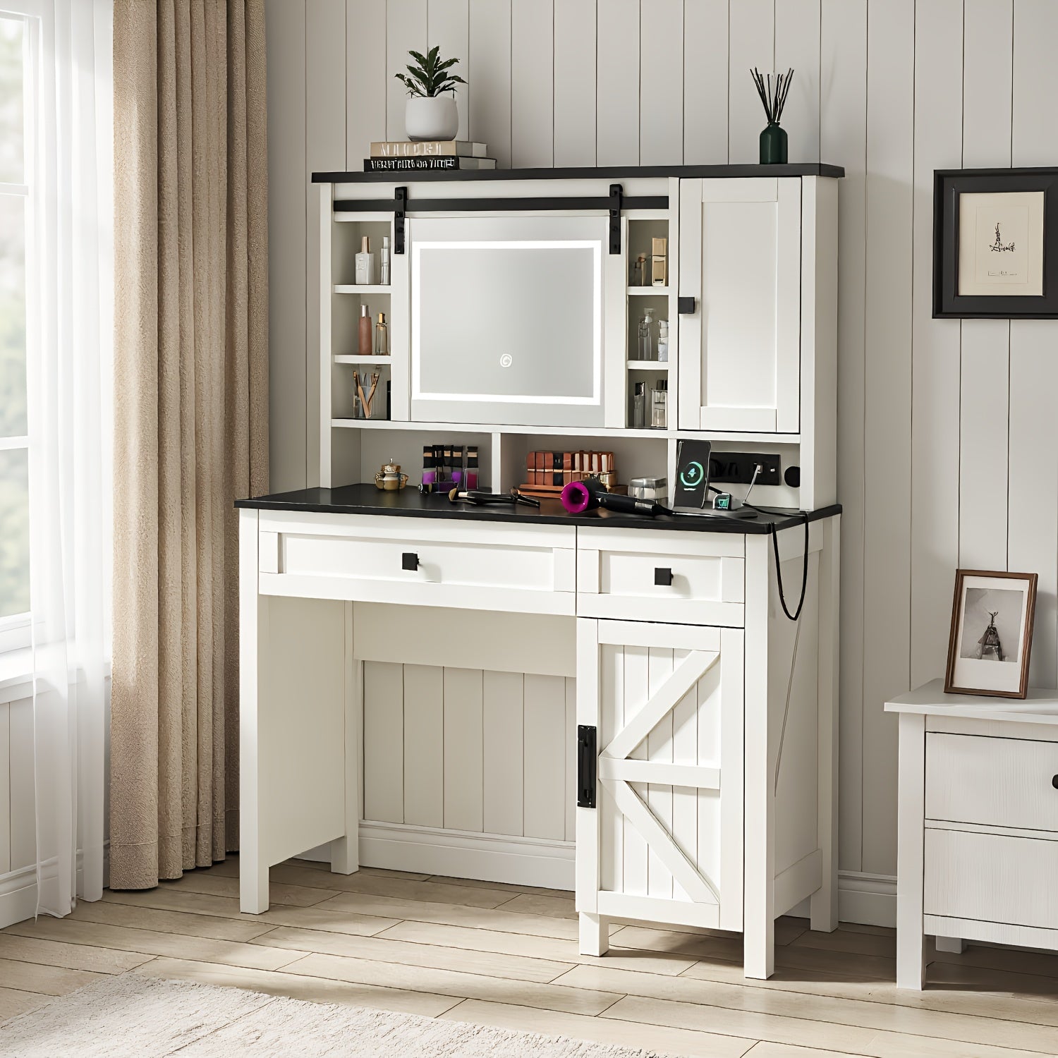 Modern Farmhouse White Makeup Vanity with Lighted Mirror & Charging Station, Adjustable Shelves & Drawers, Glass & Wood Construction, 3.2 Cu Ft Storage, 27\