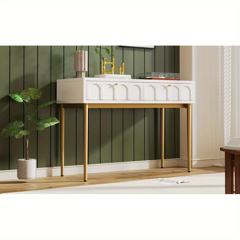 Modern Metal Leg Double Drawer Dressing Table - Vintage Style Wood & Metal Multifunctional Vanity with 2 Drawers, 27\