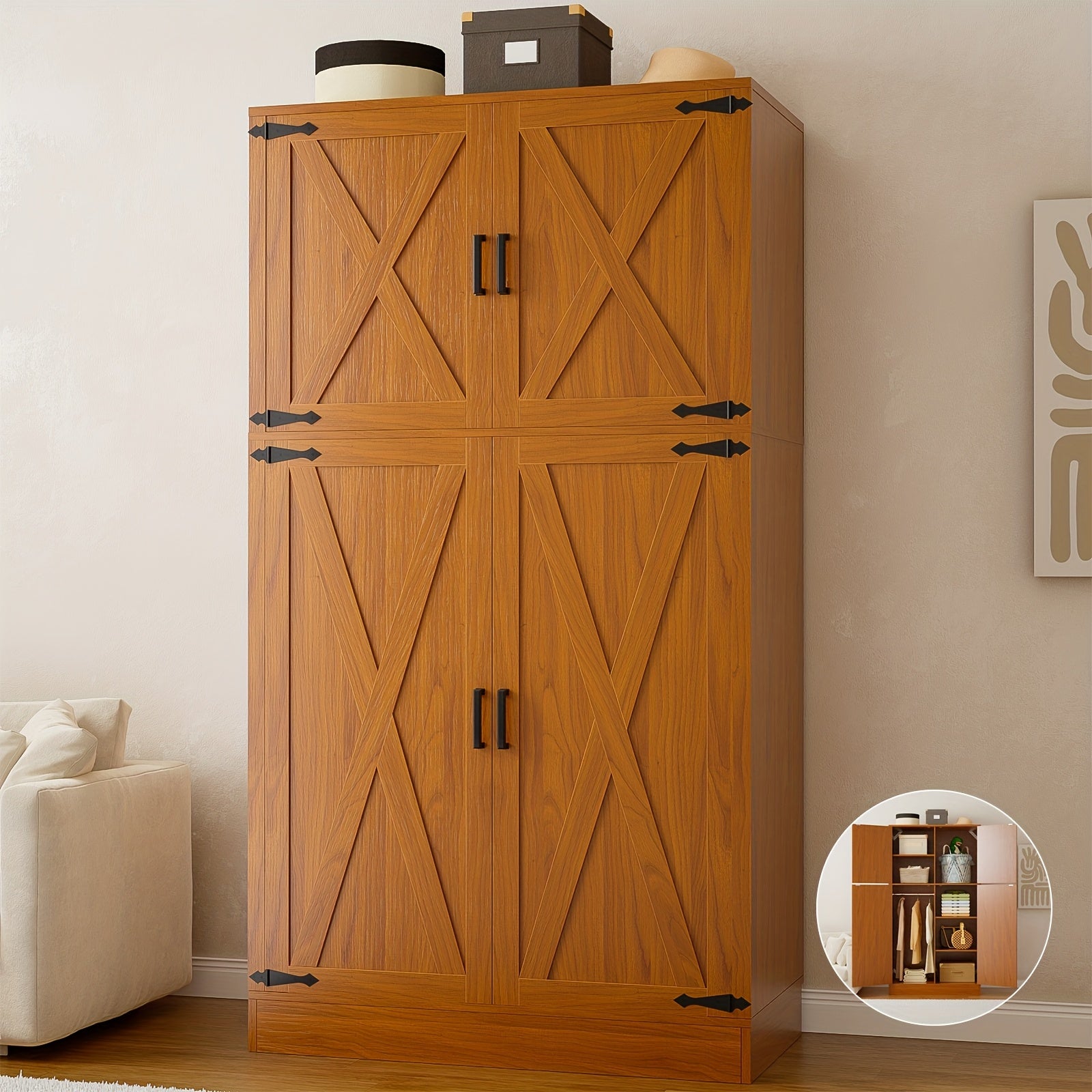 Unikito 71'' Farmhouse Wardrobe Closet with Hanging Rod, 4 Barn Door Clothing Storage Cabinet with Adjustable Shelves, Freestanding Wardrobe Cabinet for Bedroom, Living Room, Cloak Room, Office