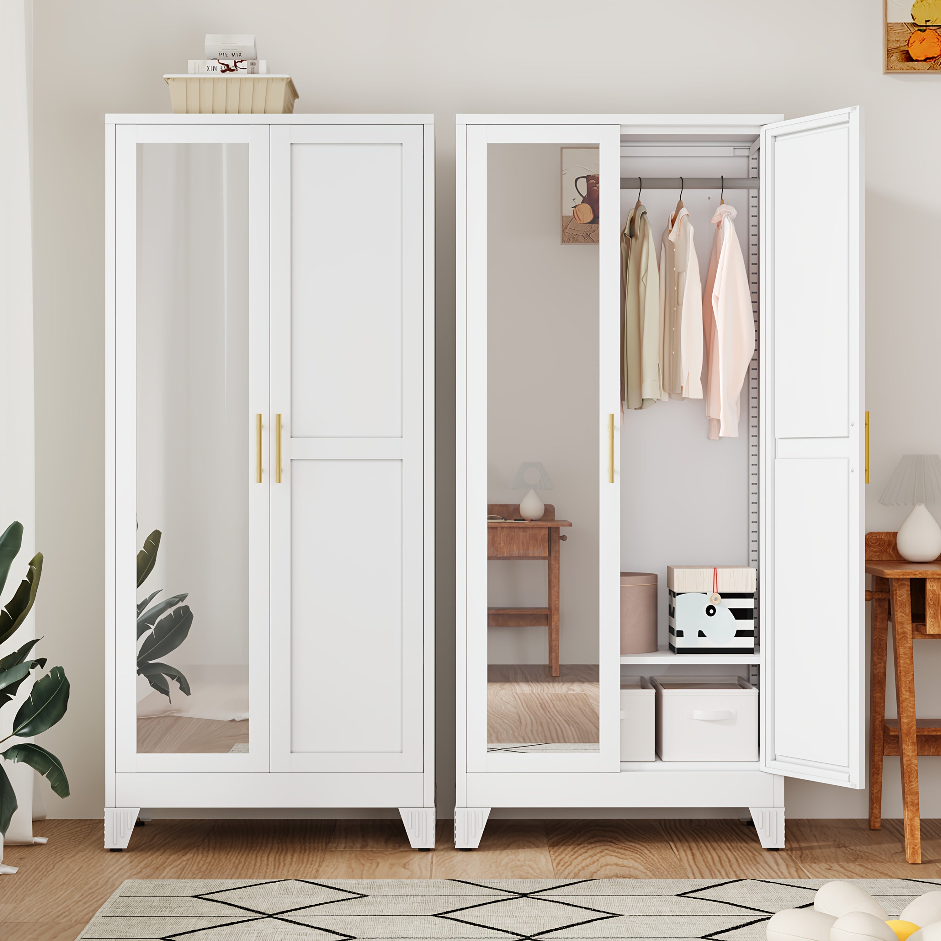 70.86in High Mirror Door Wardrobe With Adjustable Shelves And Hanging Clothes Storage Cabinets, Suitable For Bedrooms, Laundry Rooms, And Lobbies