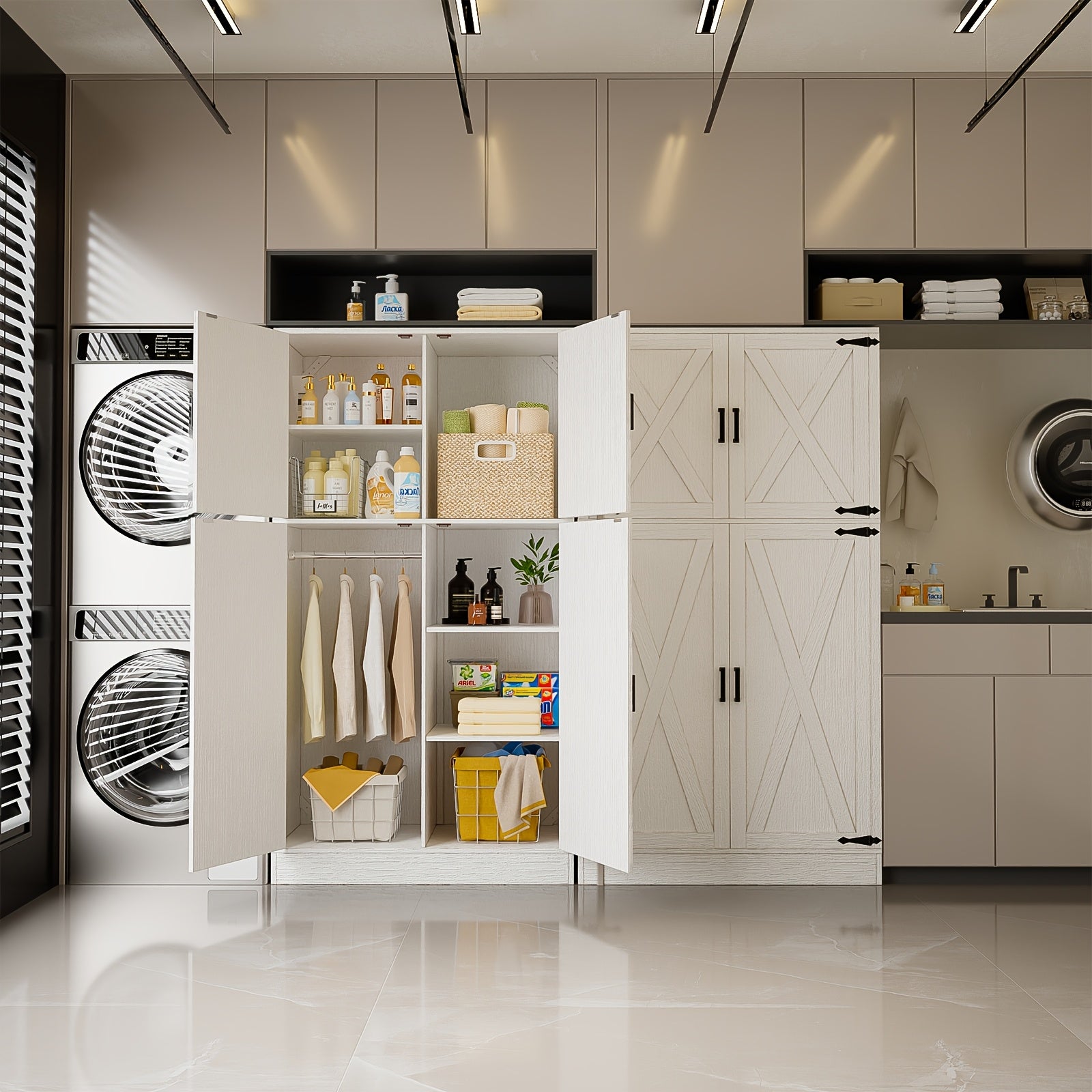 Unikito 71'' Farmhouse Wardrobe Closet with Hanging Rod, 4 Barn Door Clothing Storage Cabinet with Adjustable Shelves, Freestanding Wardrobe Cabinet for Bedroom, Living Room, Cloak Room, Office