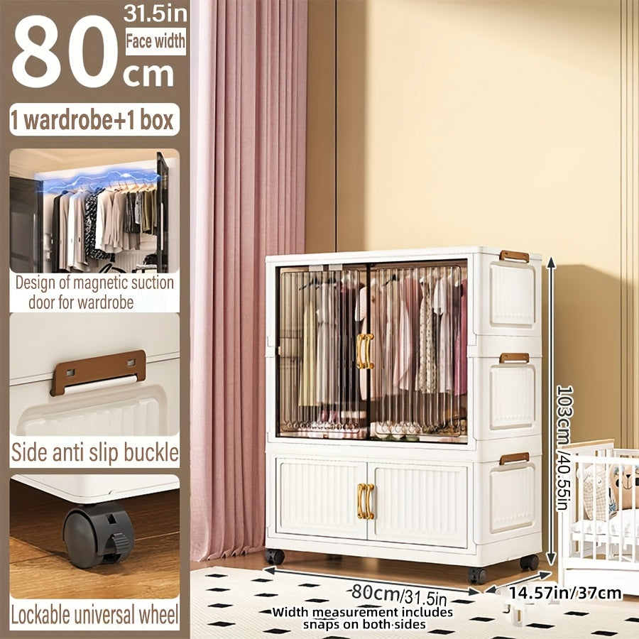 One Foldable Wardrobe with Wheels, Large Capacity Storage Cabinet, Multi-Layer Organizer Shelf, Easy Assembly Portable Closet for Home and Dormitory - Space-Saving Plastic Mobile Wardrobe, Portable Closets