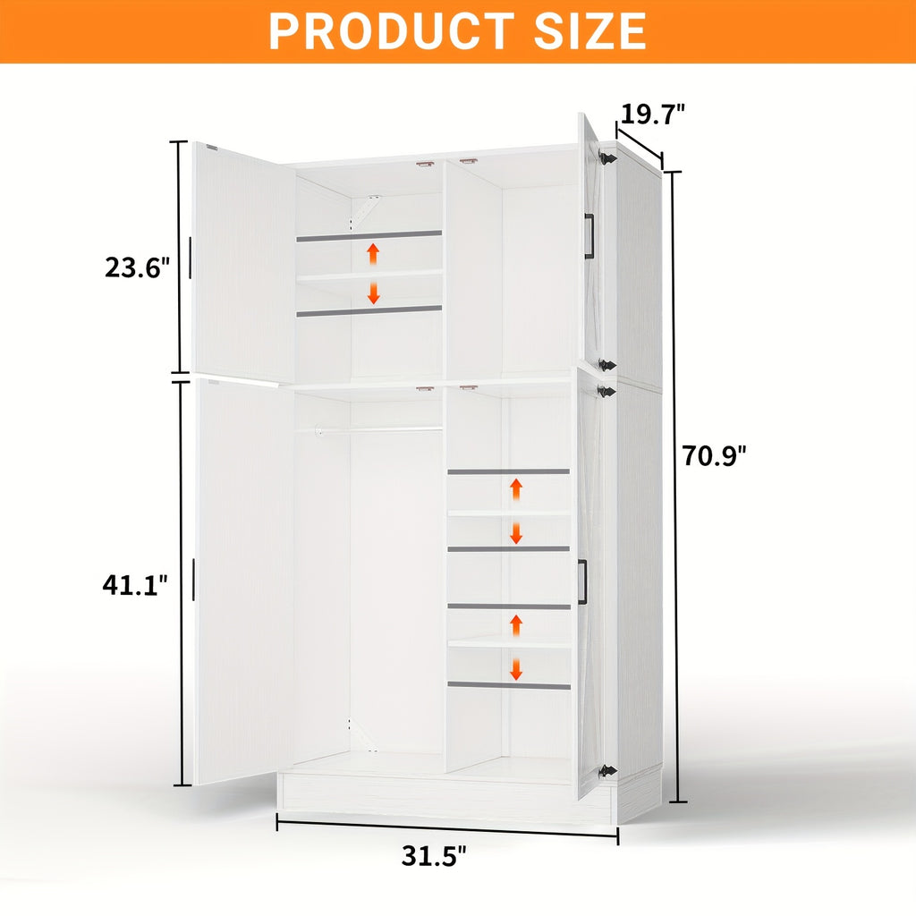 Unikito 71'' Farmhouse Wardrobe Closet with Hanging Rod, 4 Barn Door Clothing Storage Cabinet with Adjustable Shelves, Freestanding Wardrobe Cabinet for Bedroom, Living Room, Cloak Room, Office