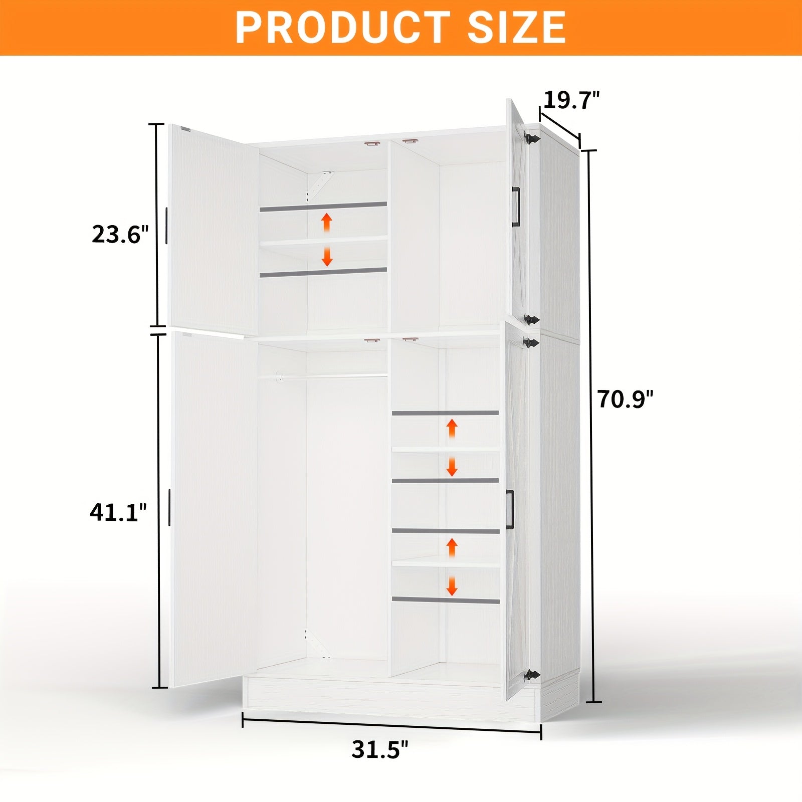 Unikito 71'' Farmhouse Wardrobe Closet with Hanging Rod, 4 Barn Door Clothing Storage Cabinet with Adjustable Shelves, Freestanding Wardrobe Cabinet for Bedroom, Living Room, Cloak Room, Office